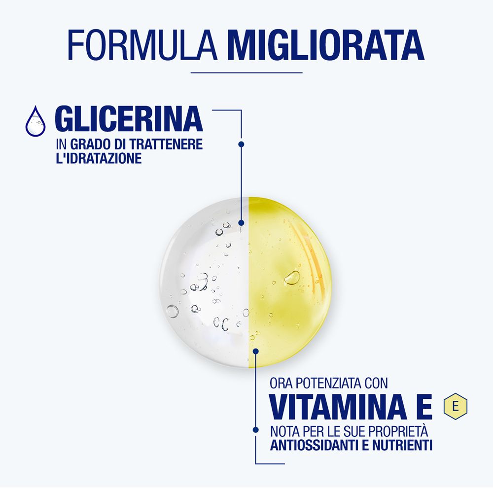 Nahaufnahme von Glycerin und Vitamin E. Text: Formula Migliorata.