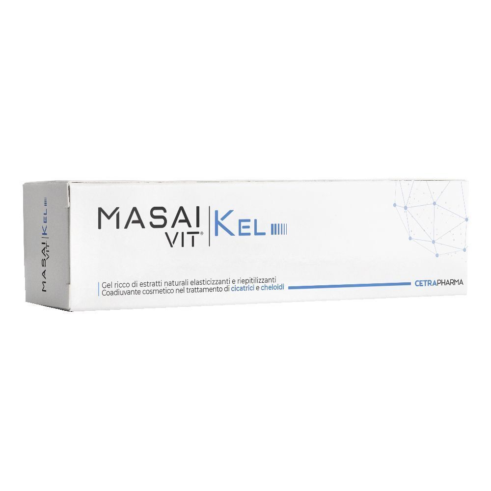 Scatola bianca con nome prodotto MASAI VIT KEL. Testo: Gel, Cetrapharma.