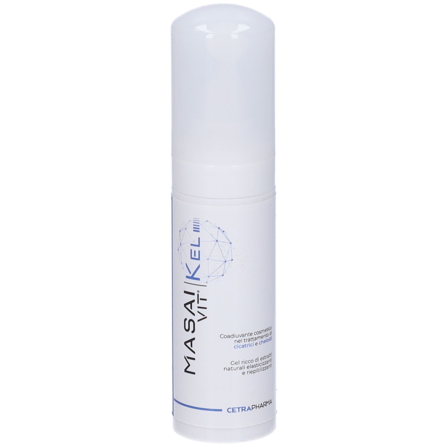 Flacone bianco con nome prodotto MASAI VIT KEL. Dettagli blu. Cetrapharma.