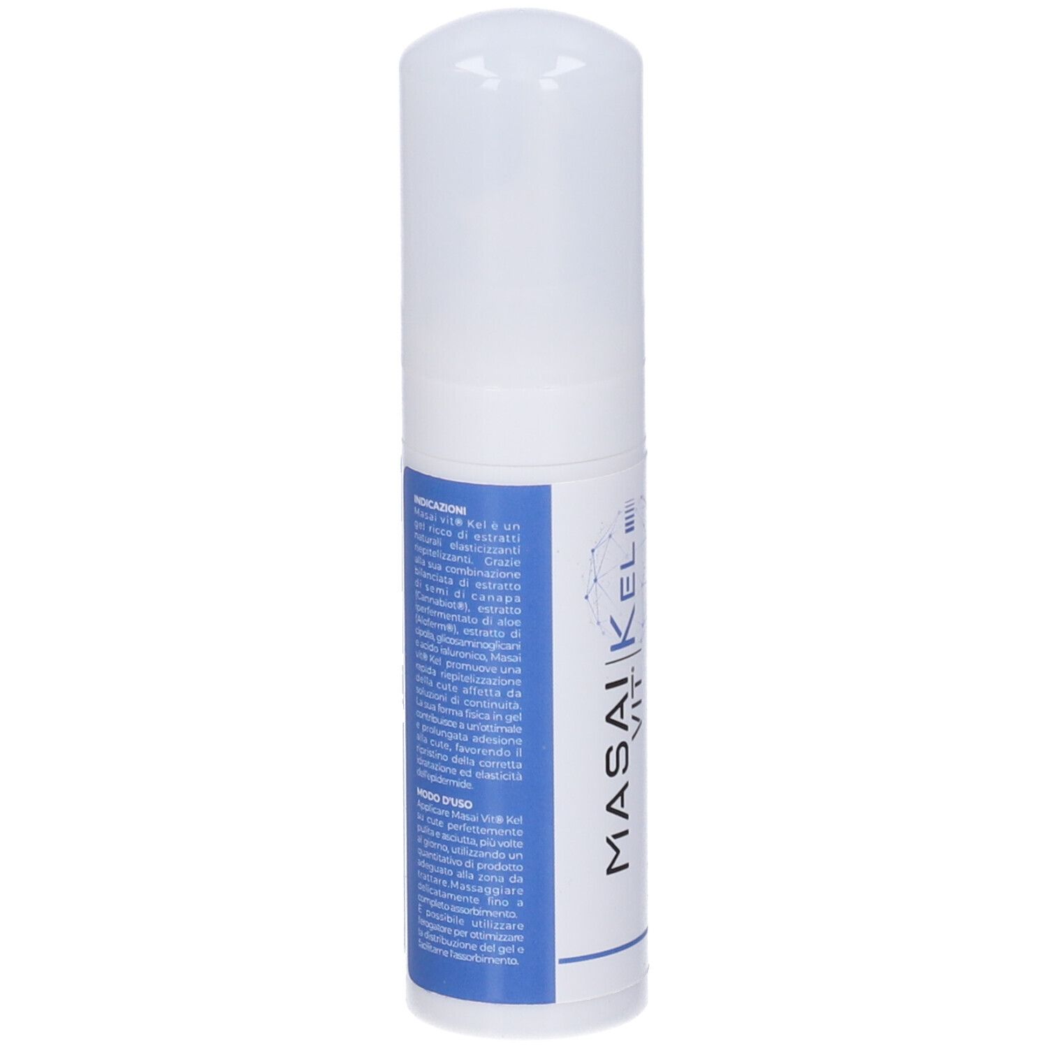 Flacone bianco con nome prodotto MASAI VIT KEL. Dettagli blu. Testo su campo blu.