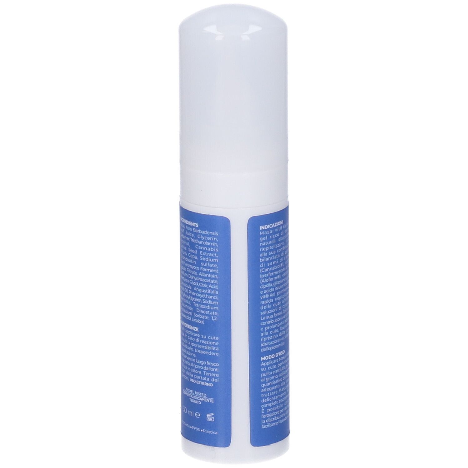 Flacone bianco con nome prodotto MASAI VIT KEL. Dettagli blu. Testo su campo blu.