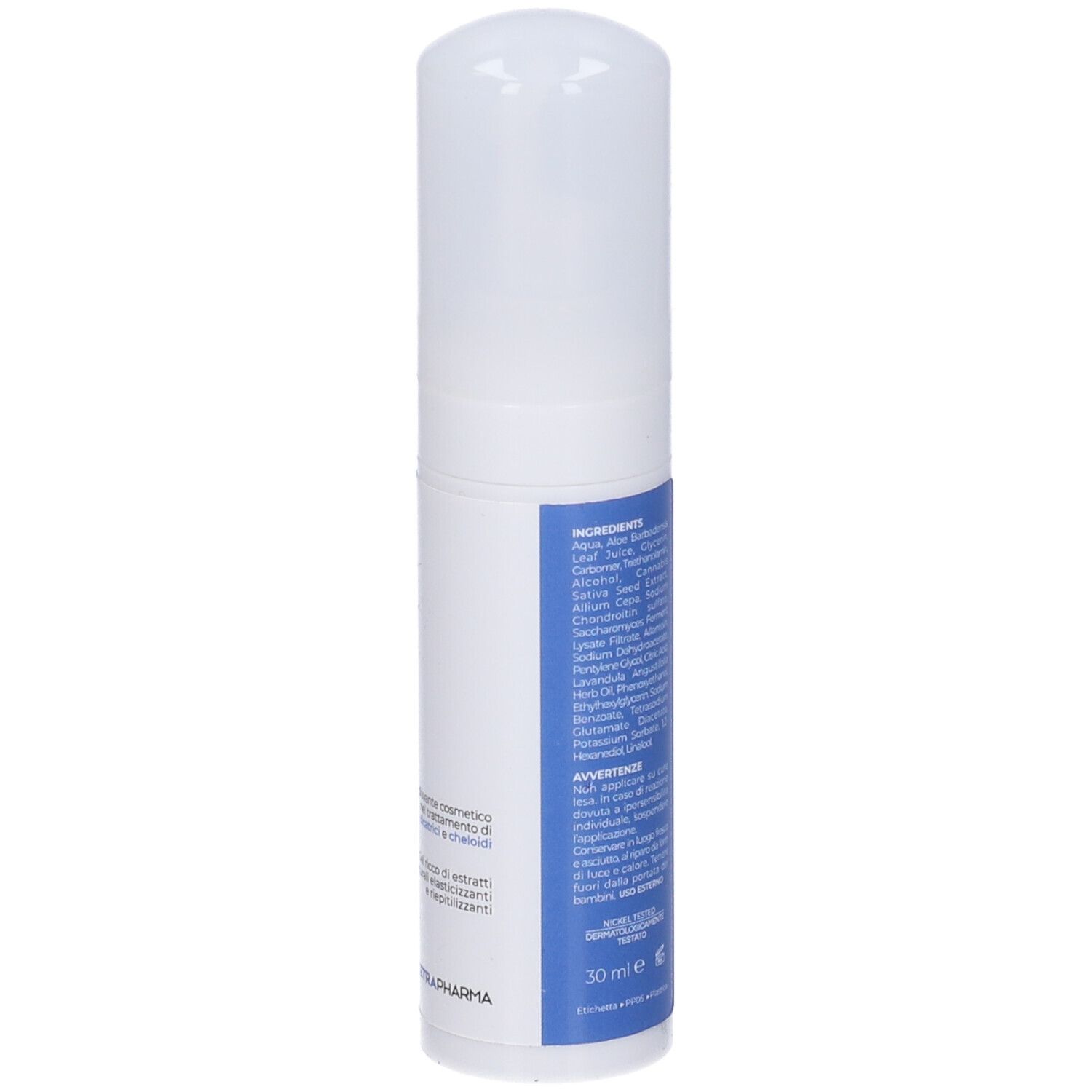 Flacone bianco con nome prodotto MASAI VIT KEL. Dettagli blu. Testo su campo blu.