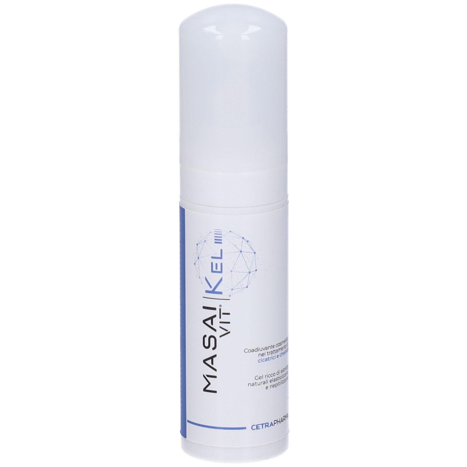 Flacone bianco con nome prodotto MASAI VIT KEL. Dettagli blu. Testo su campo blu.