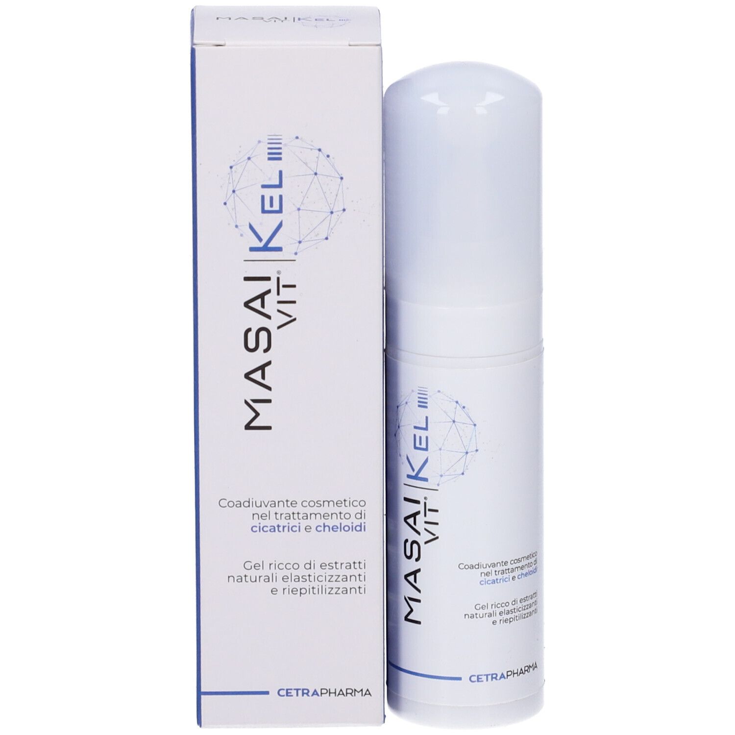 Prodotto e confezione. Flacone e scatola bianchi con MASAI VIT KEL. Cetrapharma.