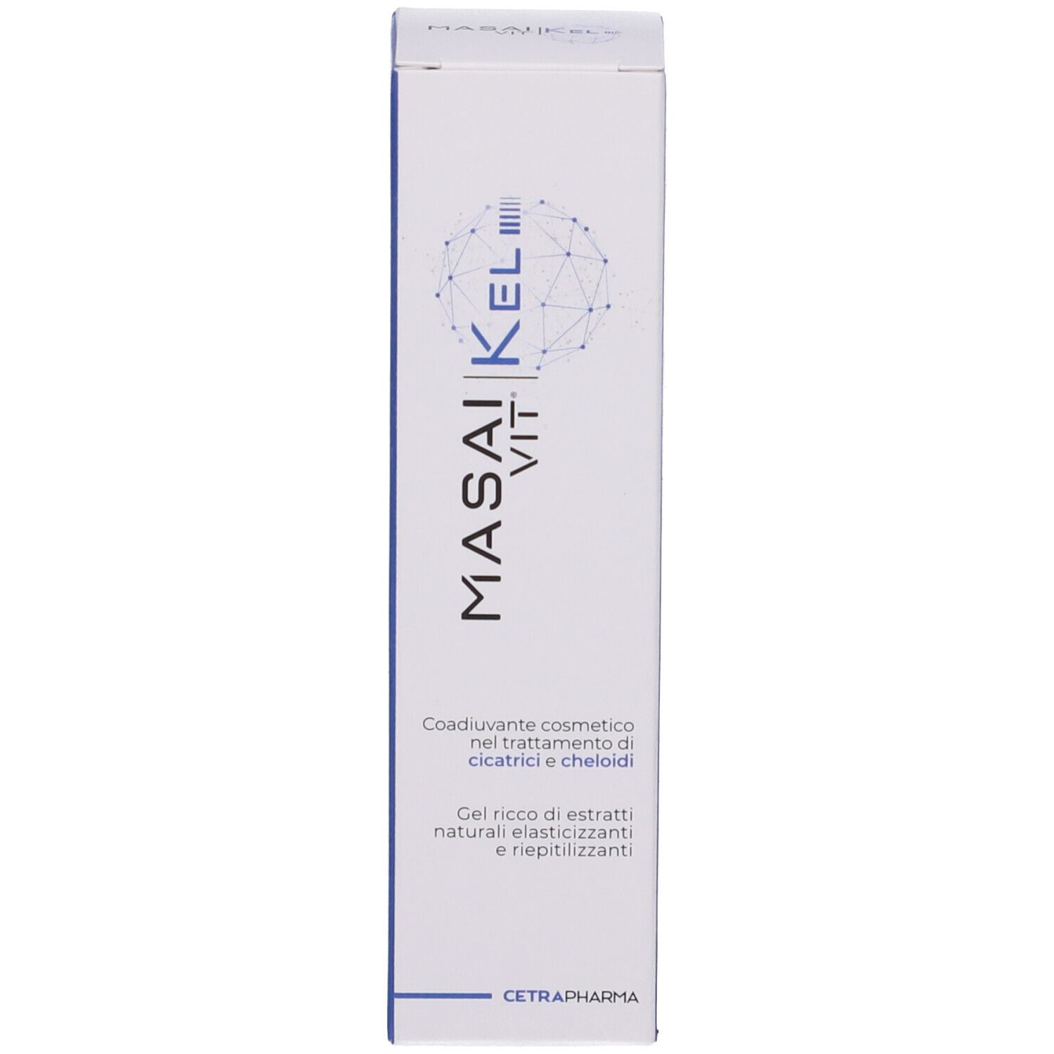 Scatola bianca con nome prodotto MASAI VIT KEL. Testo: Gel, Cetrapharma.