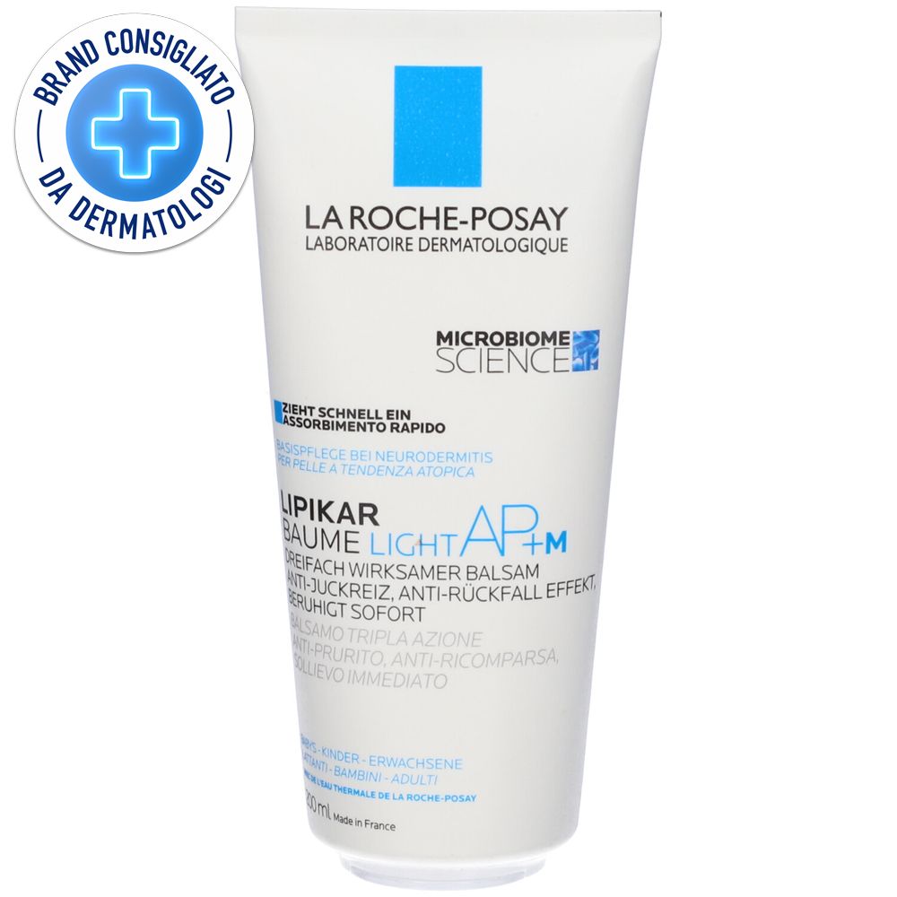 Tubo bianco con logo e testo blu. Scritta: La Roche-Posay, Lipikar Baume Light AP+M. Sigillo: Brand Consigliato da Dermatologi.