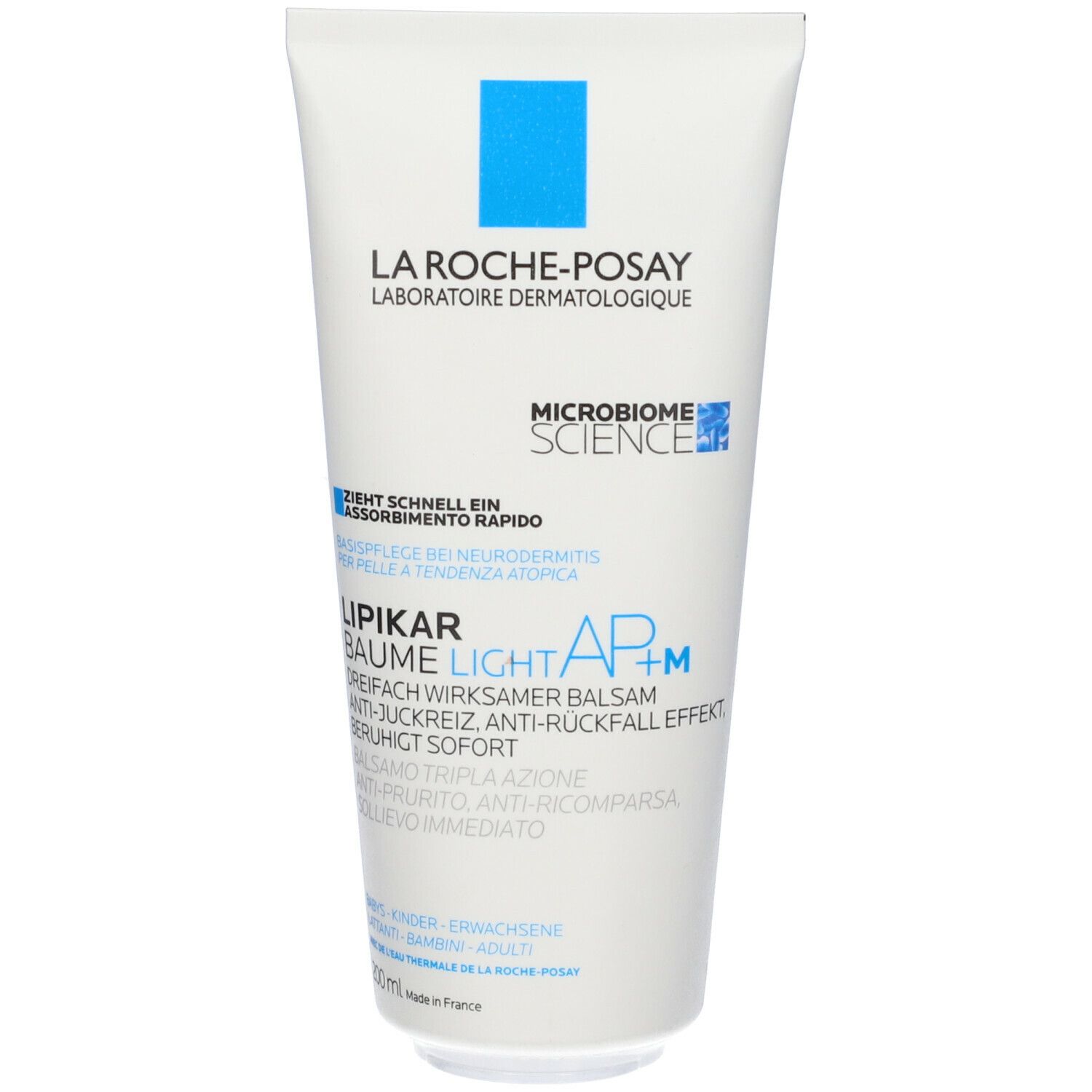 Tubo bianco con logo e testo blu. Scritta: La Roche-Posay, Lipikar Baume Light AP+M.