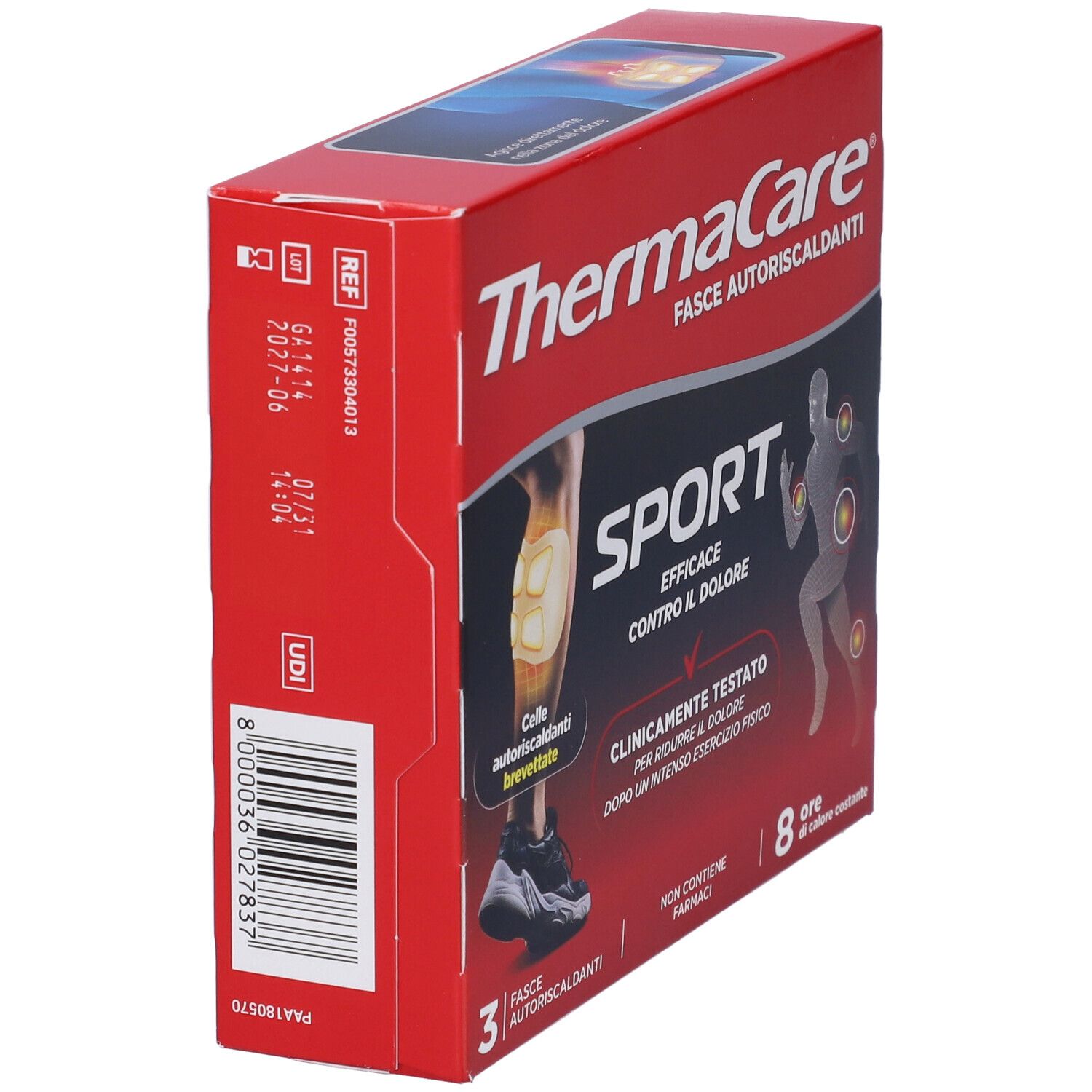 ThermaCare Sport Fasce Autoriscaldanti Box. Rote Verpackung, Seitenansicht mit Produktinformationen.