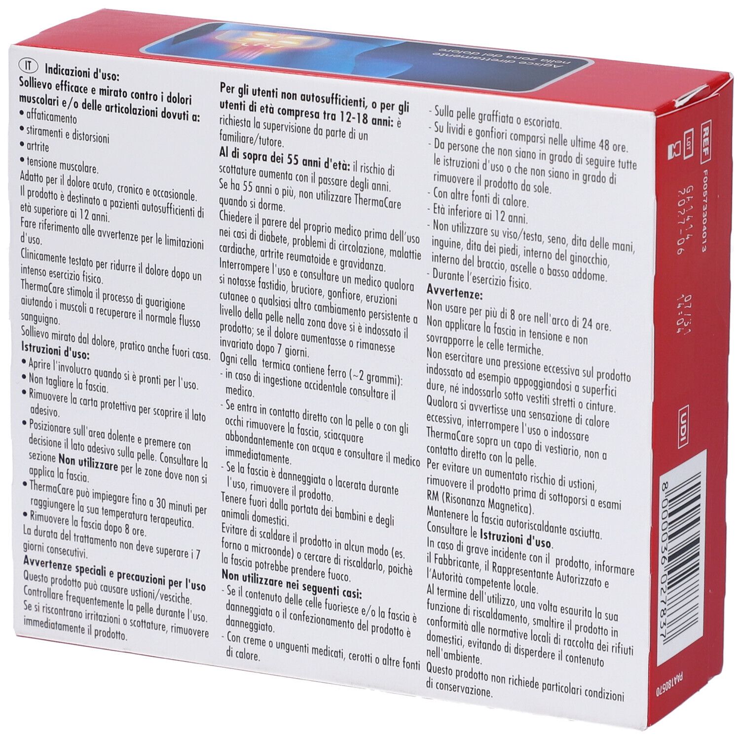 ThermaCare Sport Fasce Autoriscaldanti Box. Rote Verpackung mit Text in italienischer Sprache.