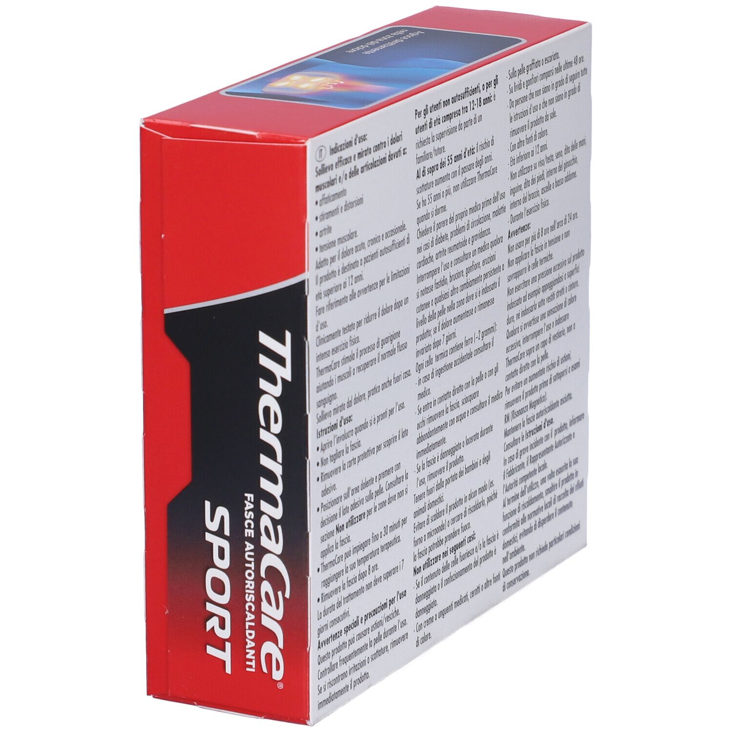 ThermaCare Sport Fasce Autoriscaldanti Box. Rote Verpackung mit Text in italienischer Sprache.