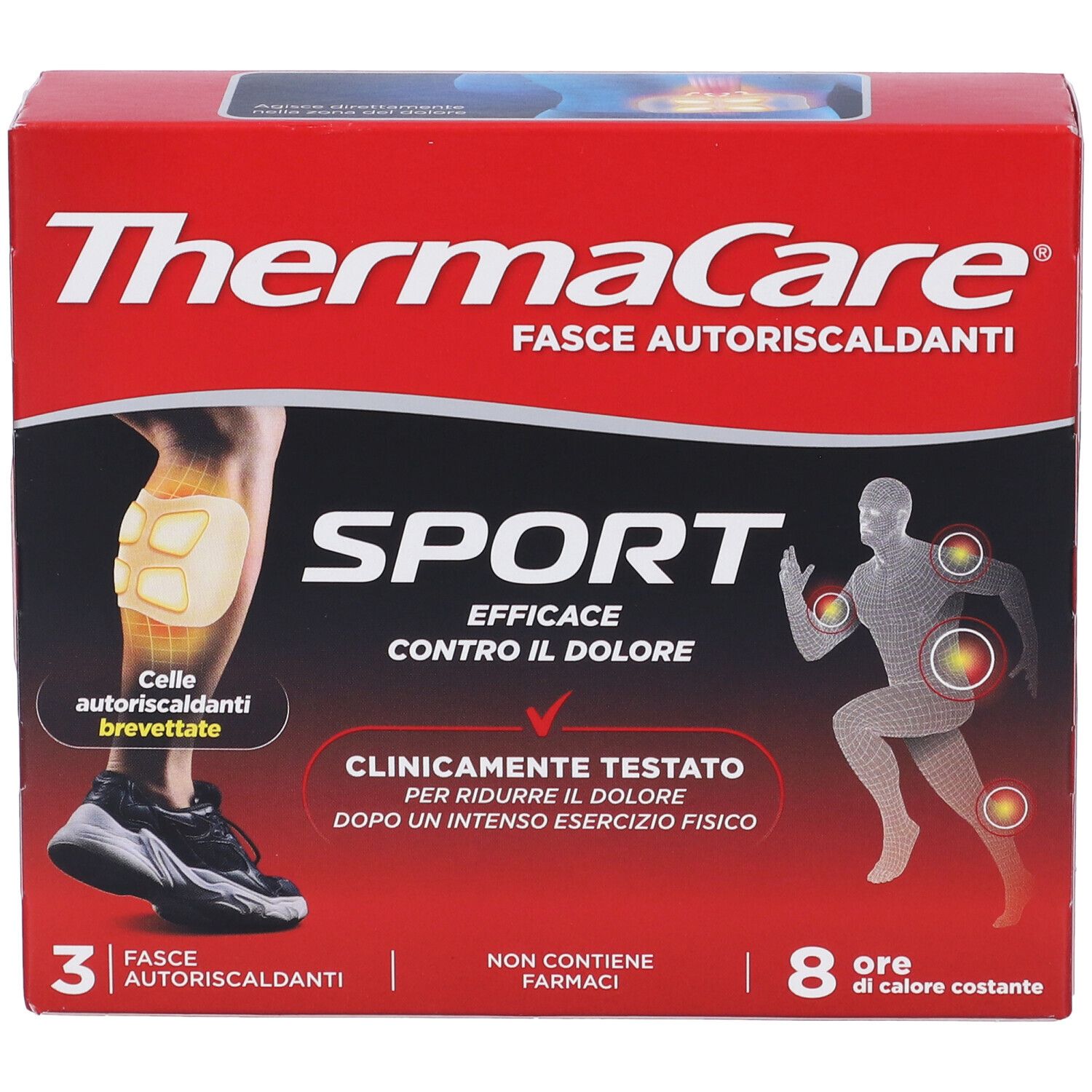 ThermaCare Sport Fasce Autoriscaldanti Box. Rote Verpackung mit Produktinformationen und Illustrationen.