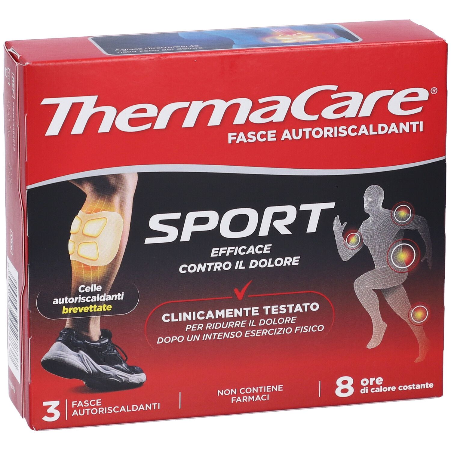 ThermaCare Sport Fasce Autoriscaldanti Box. Rote Verpackung mit Produktinformationen und Illustrationen.