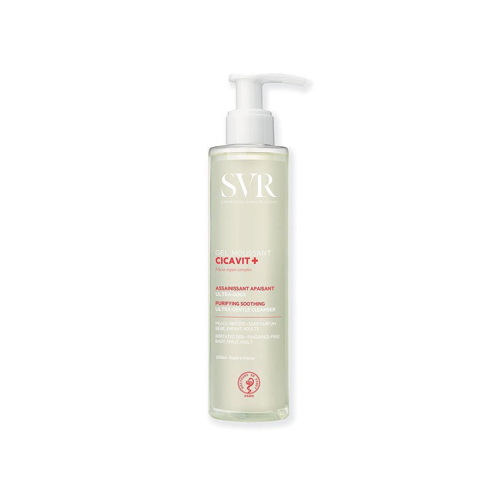 SVR CICAVIT+ Gel Moussant. Flacone con dosatore. Scritta: ASSAINISSANT APAISANT, PURIFYING SOOTHING. Con logo.