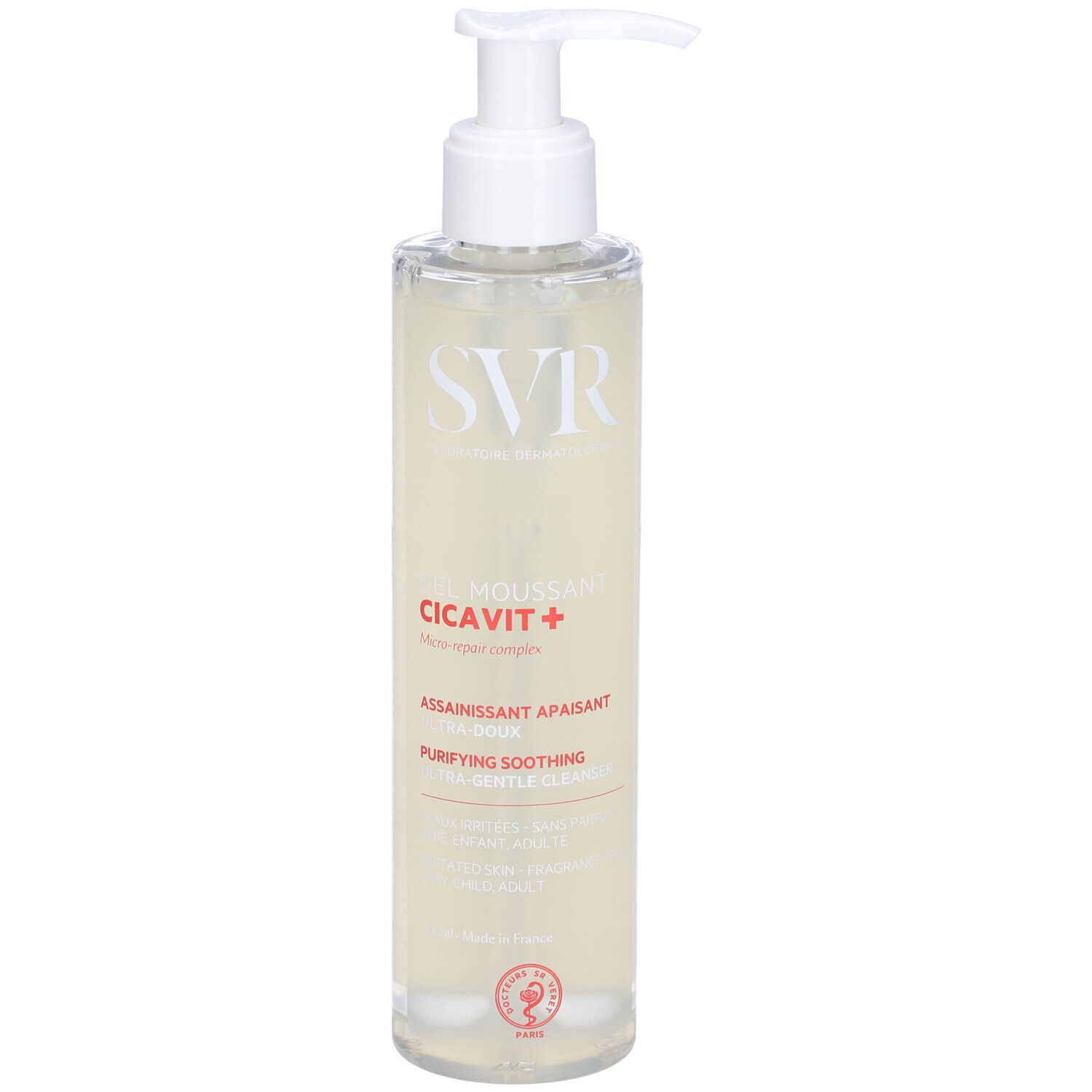 SVR CICAVIT+ Gel Moussant. Flacone con dosatore. Scritta: ASSAINISSANT APAISANT, PURIFYING SOOTHING. Con logo.
