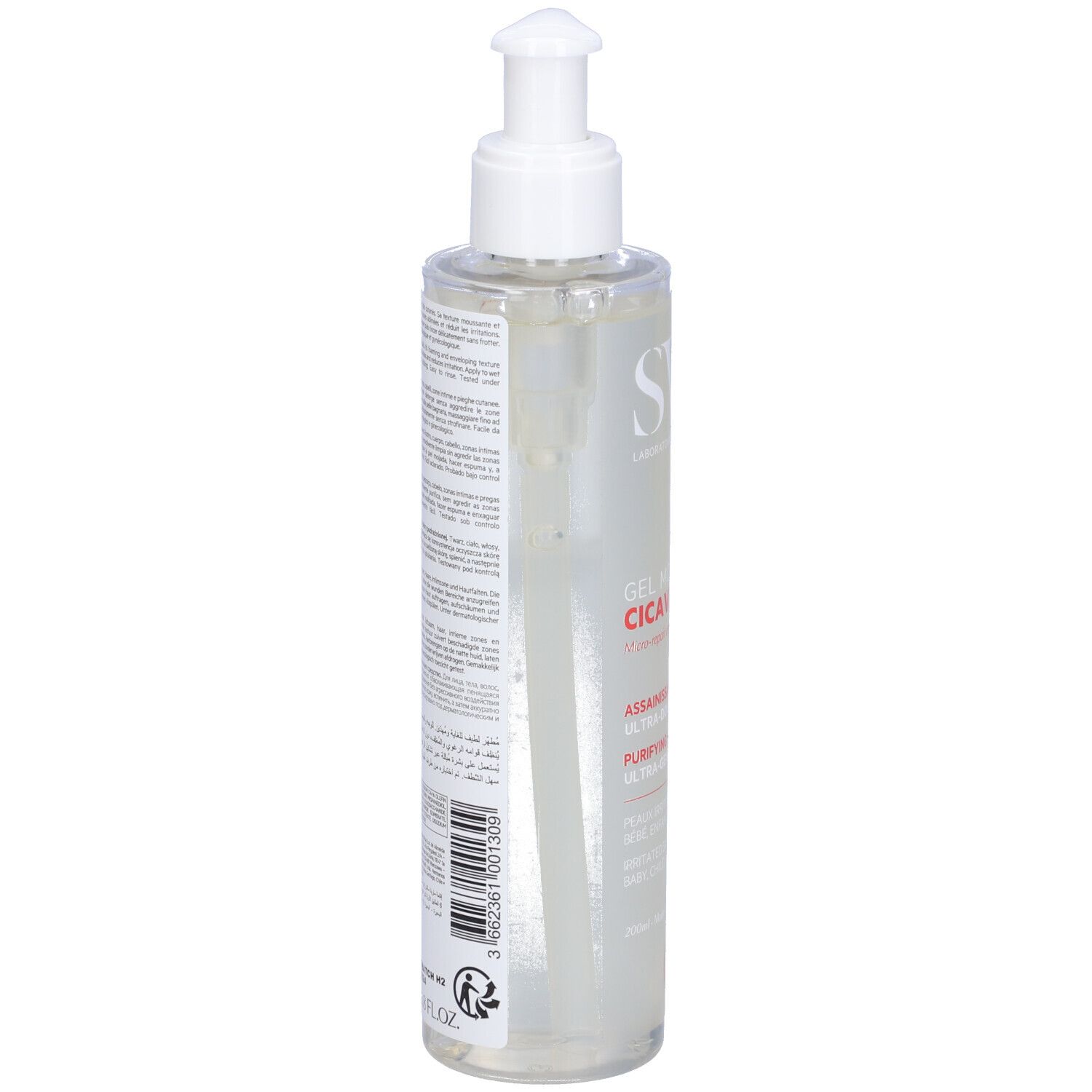 SVR CICAVIT+ Gel Moussant. Flacone con dosatore. Scritta: ASSAINISSANT APAISANT, PURIFYING SOOTHING. Con logo.