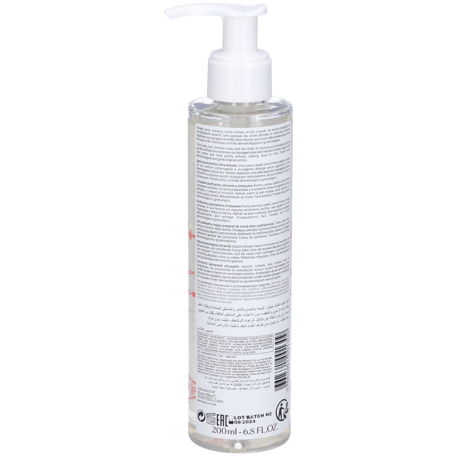 SVR CICAVIT+ Gel Moussant. Flacone con dosatore. Scritta: ASSAINISSANT APAISANT, PURIFYING SOOTHING. Con logo.
