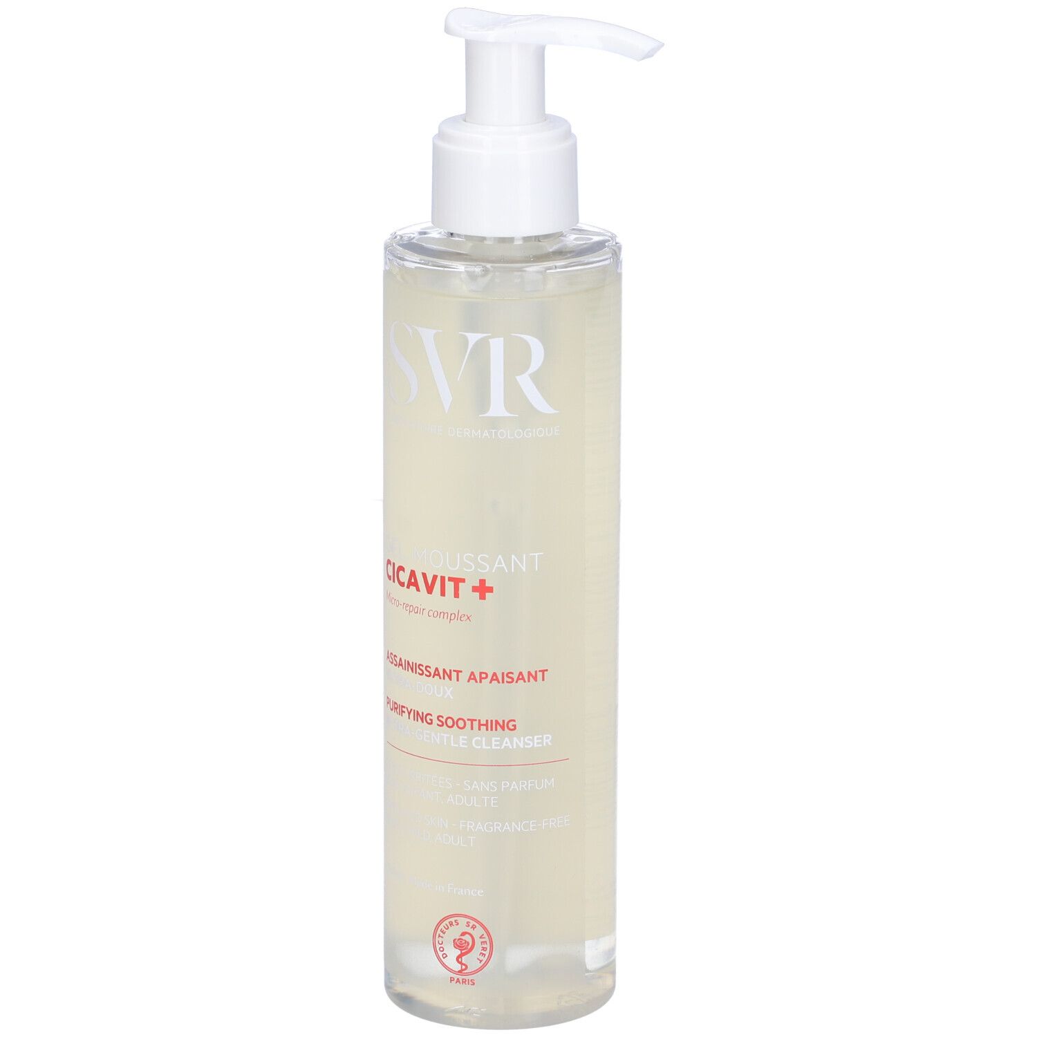 SVR CICAVIT+ Gel Moussant. Flacone con dosatore. Scritta: ASSAINISSANT APAISANT, PURIFYING SOOTHING. Con logo.