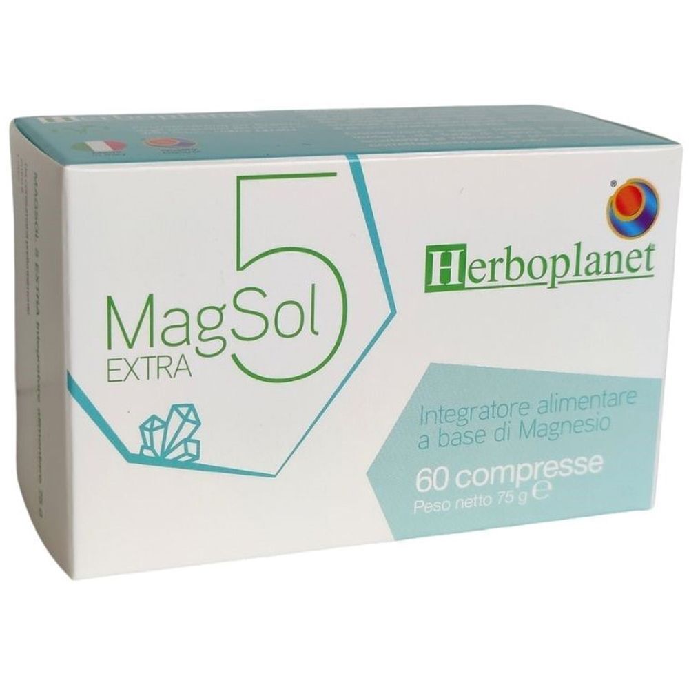 Scatola "MagSol 5 EXTRA" e logo "Herbo planet". Contiene 60 compresse. Bandiera italiana e altri simboli.