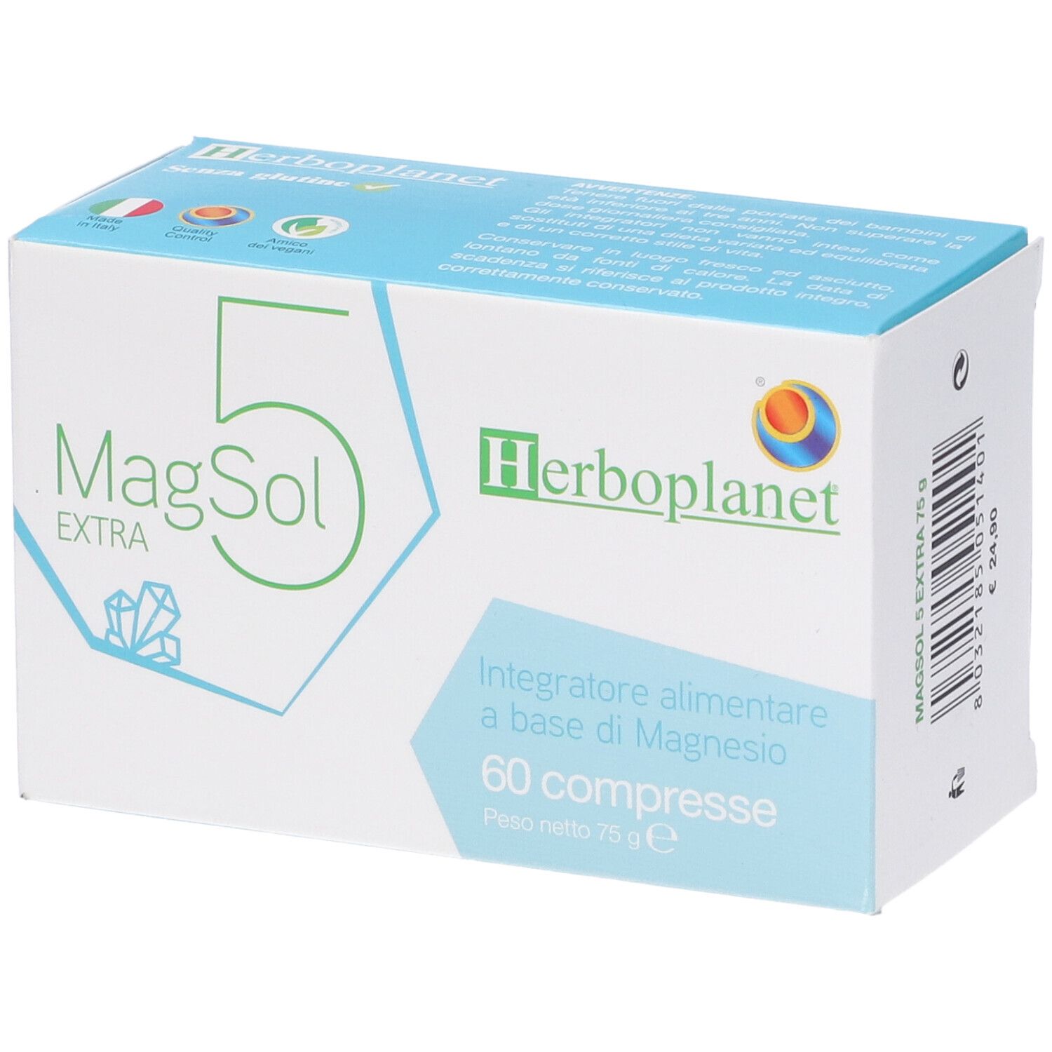 Scatola "MagSol 5 EXTRA" con logo "Herbo planet". Contiene 60 compresse. Bandiera italiana e altri simboli.