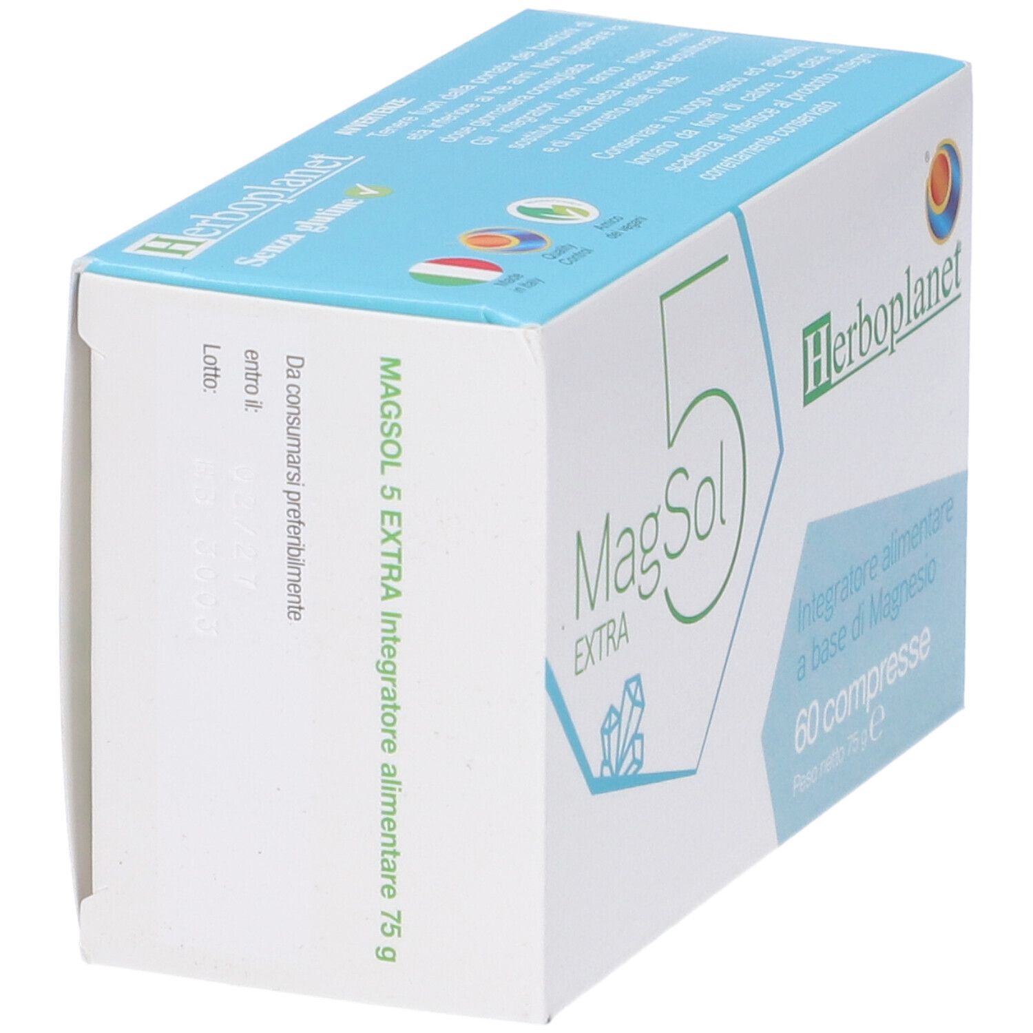 Confezione "MagSol 5 EXTRA" angolata. Logo "Herbo planet" e testo. Contiene 60 compresse. Bandiera italiana.