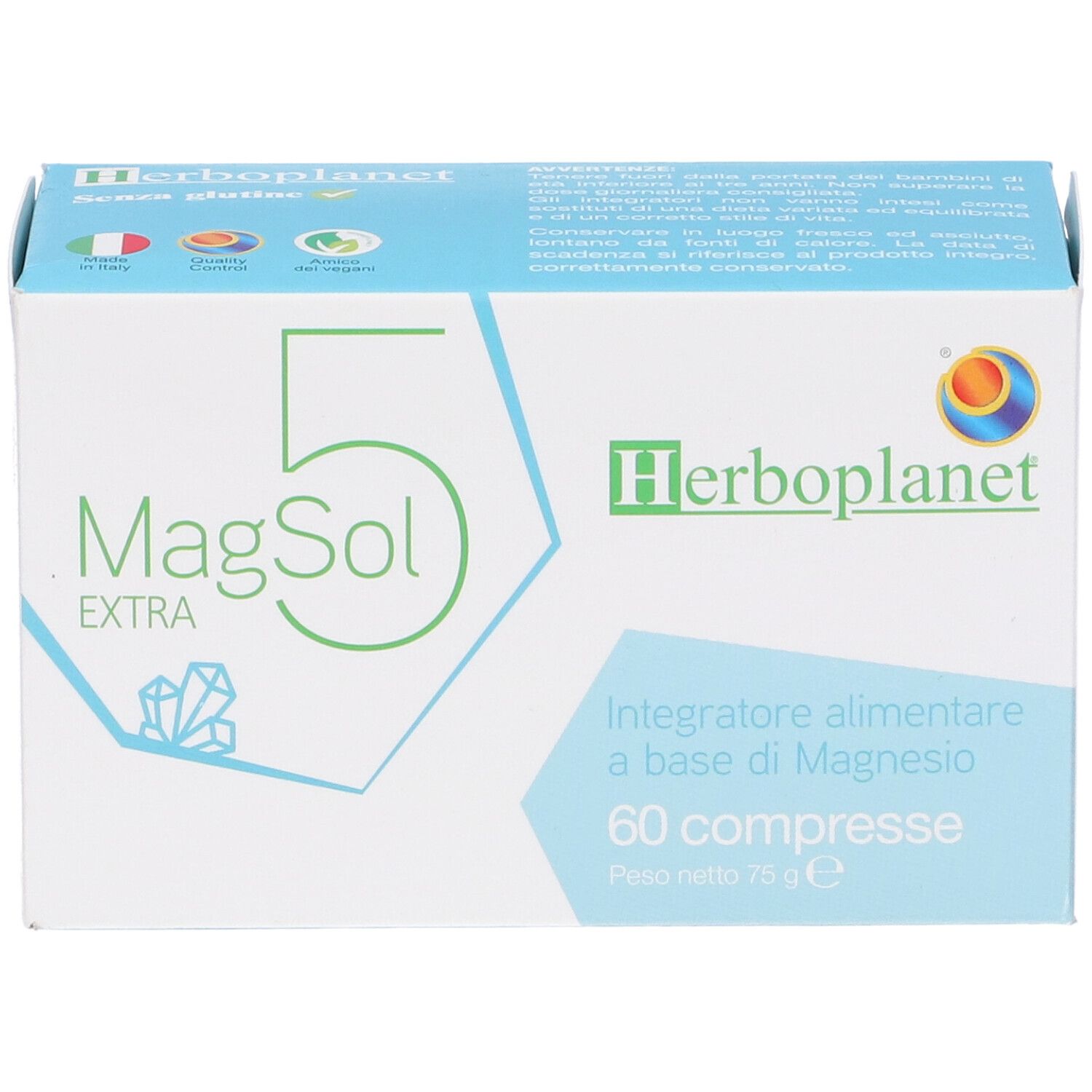 Scatola "MagSol 5 EXTRA" con logo "Herbo planet". Contiene 60 compresse. Bandiera italiana e altri simboli.