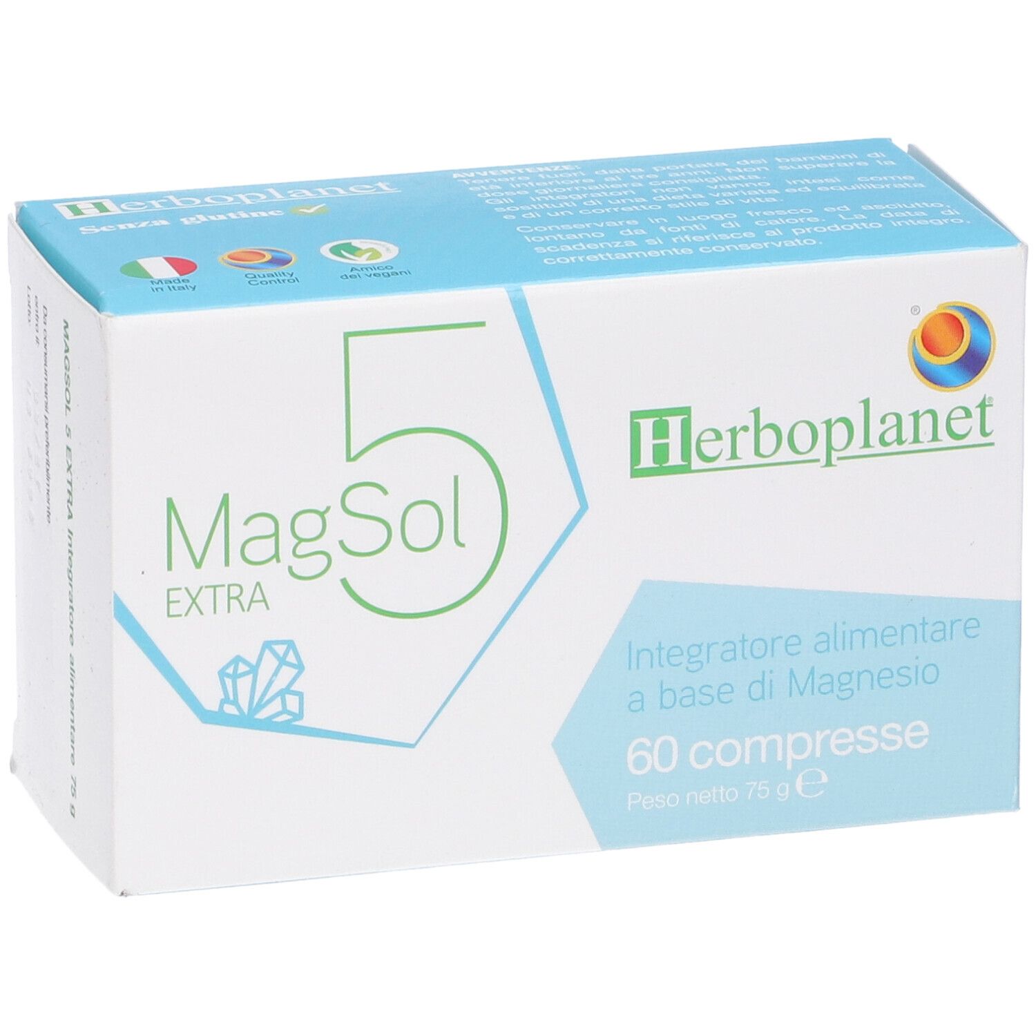 Scatola "MagSol 5 EXTRA" con logo "Herbo planet". Contiene 60 compresse. Bandiera italiana e altri simboli.