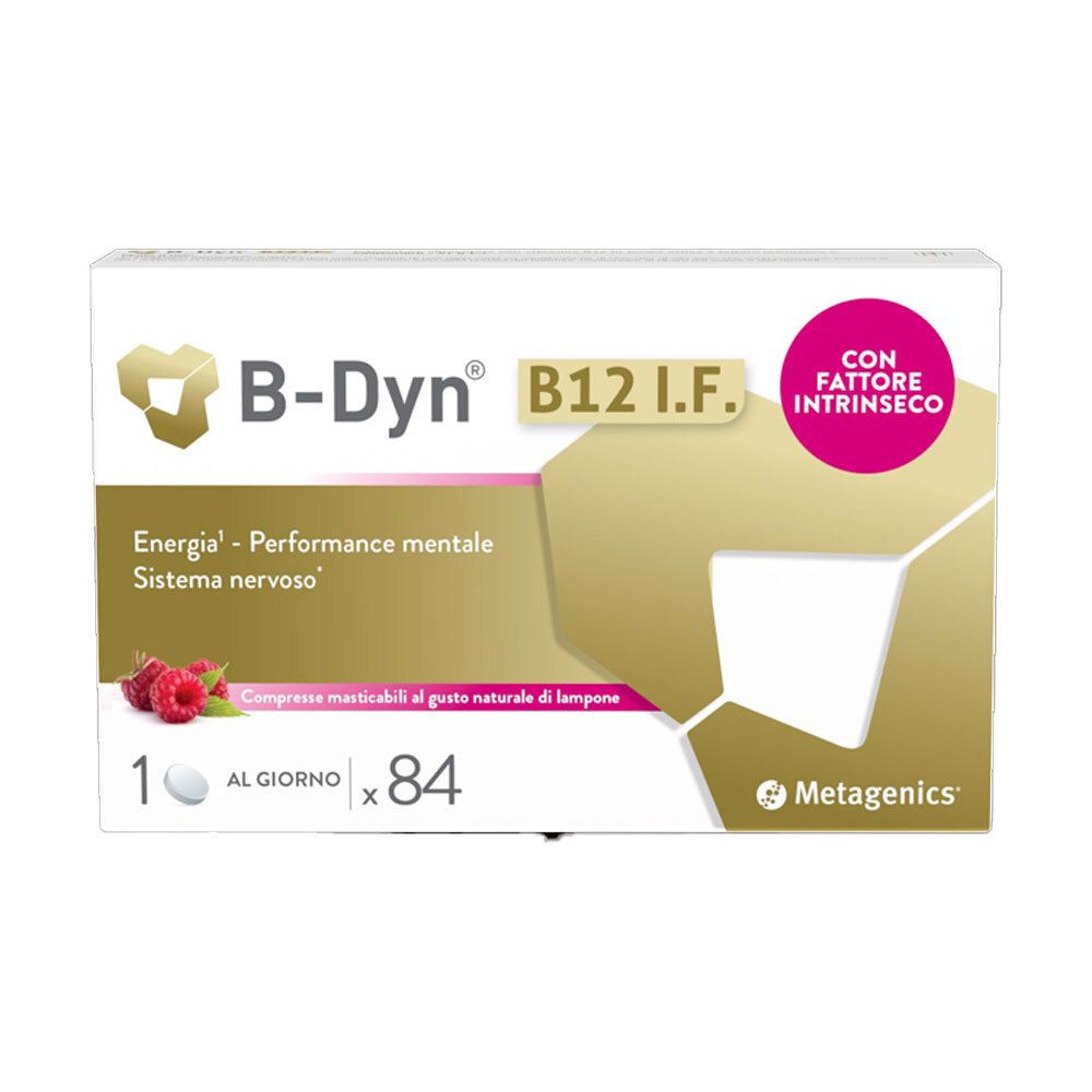 Confezione di B-Dyn B12 I.F. Compresse masticabili. Contiene 84 compresse. Logo Metagenics.