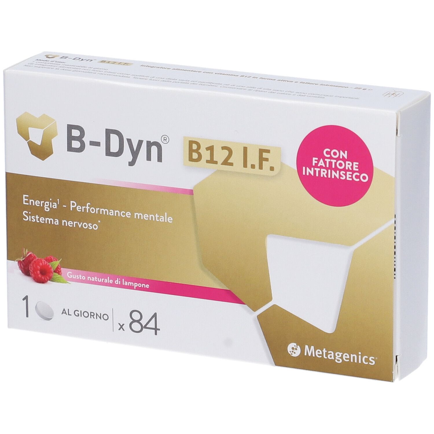 Vista angolata della confezione B-Dyn B12 I.F. Contiene 84 compresse. Logo Metagenics.