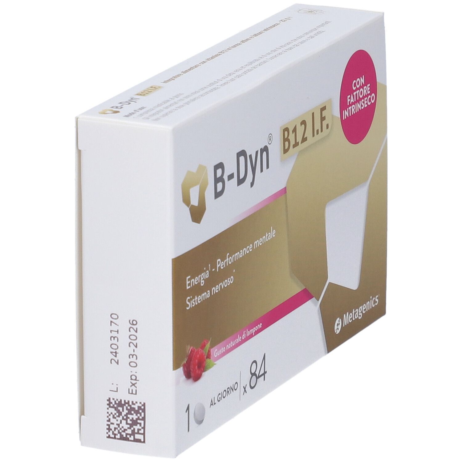 Vista angolata della confezione B-Dyn B12 I.F. Contiene 84 compresse. Logo Metagenics.