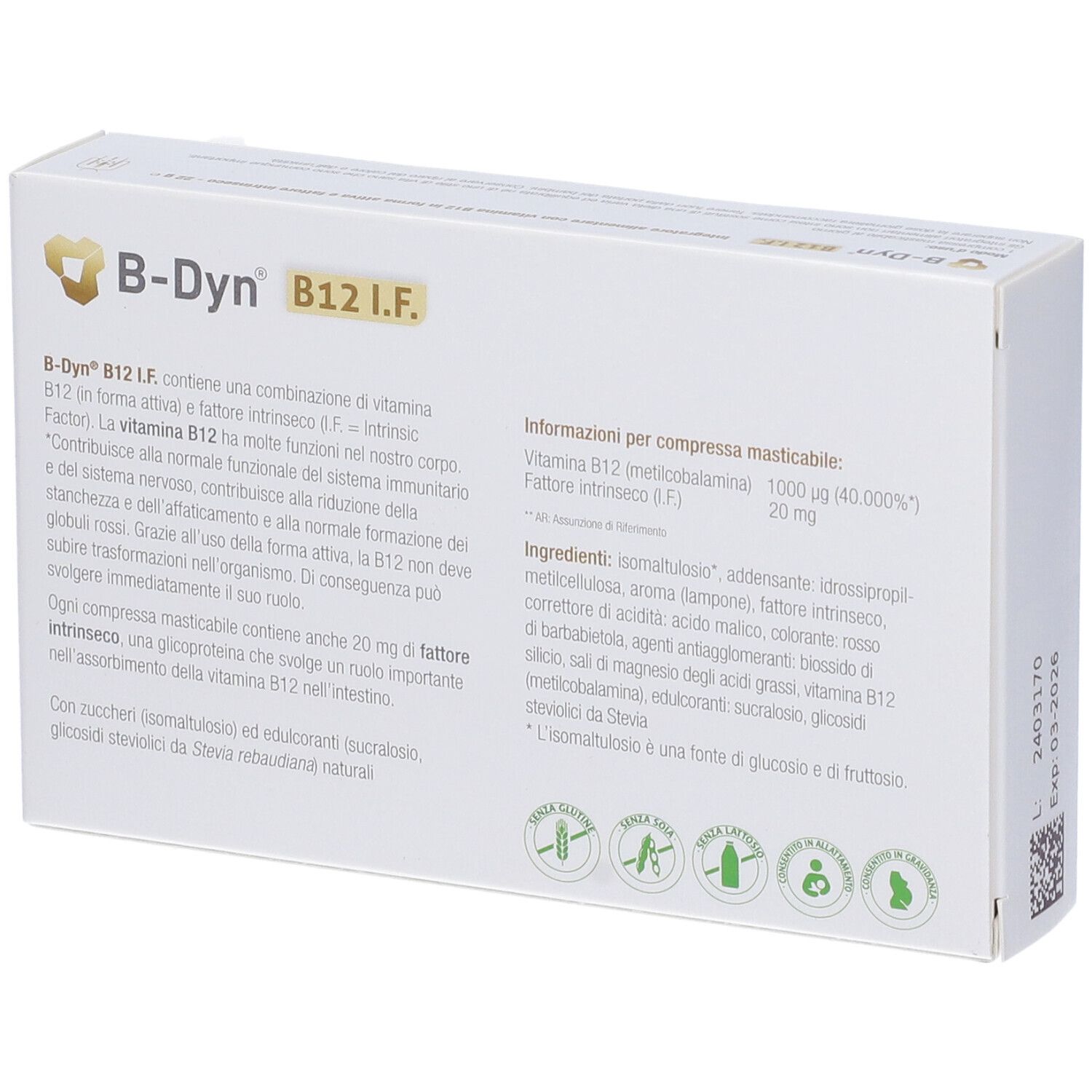 Retro della confezione B-Dyn B12 I.F. Informazioni su ingredienti e valori nutrizionali.