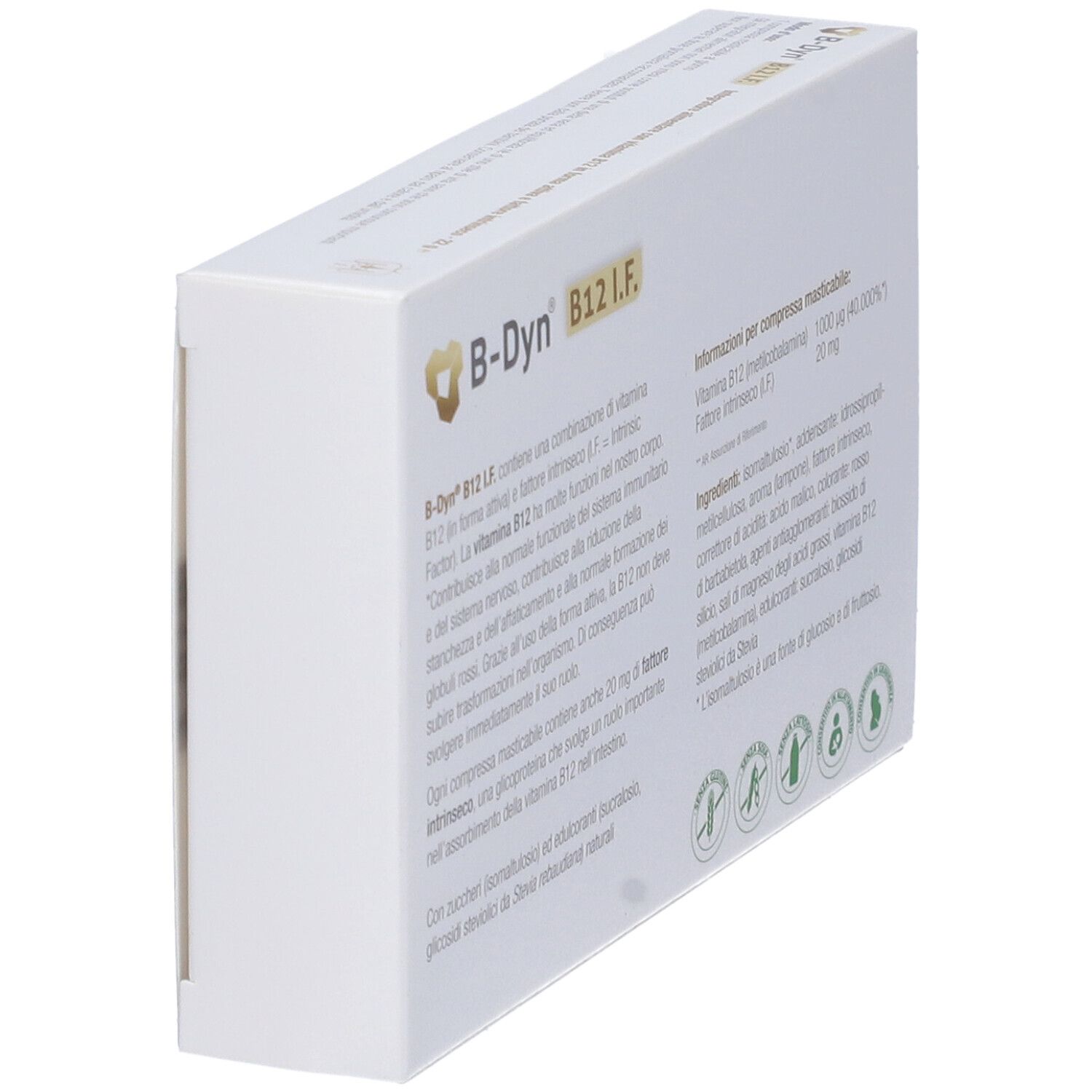 Vista angolata del retro della confezione B-Dyn B12 I.F. Informazioni sugli ingredienti.
