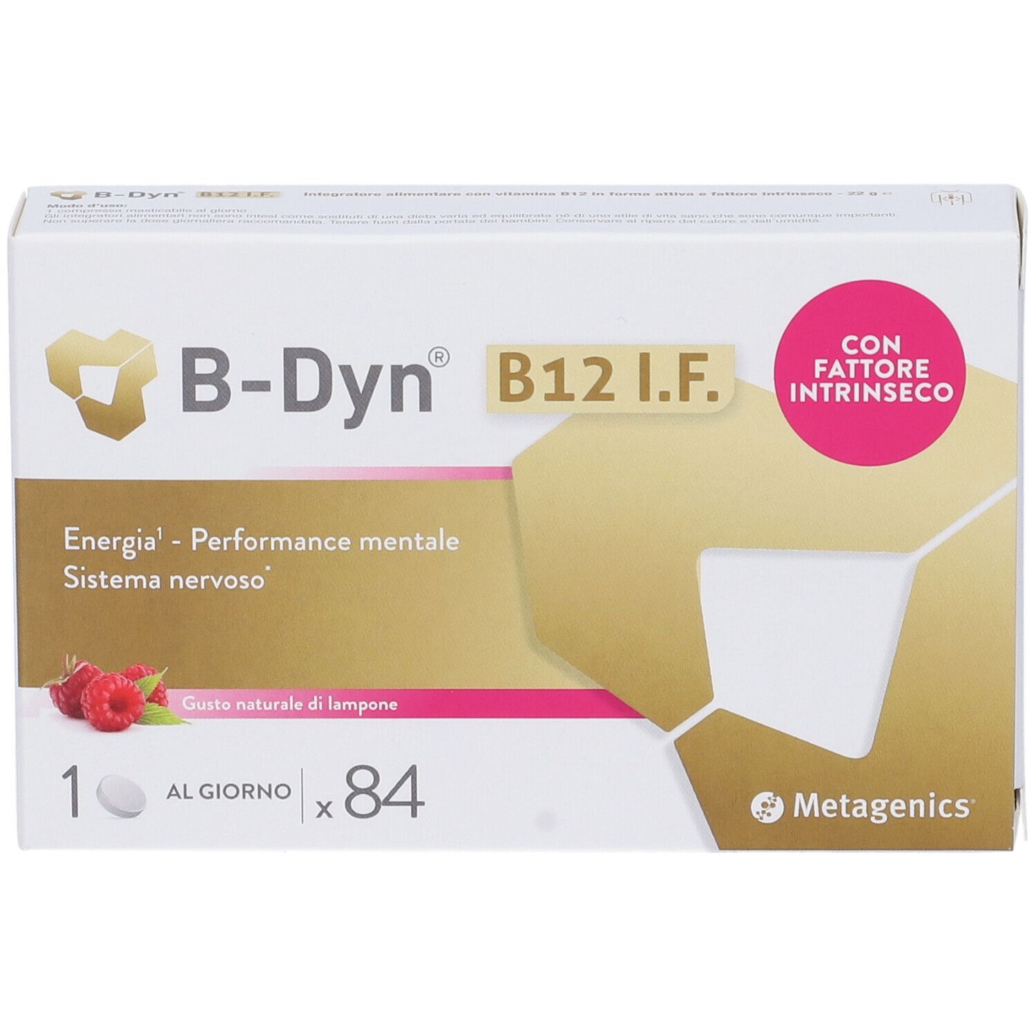 Confezione di B-Dyn B12 I.F. Compresse masticabili. Contiene 84 compresse. Logo Metagenics.