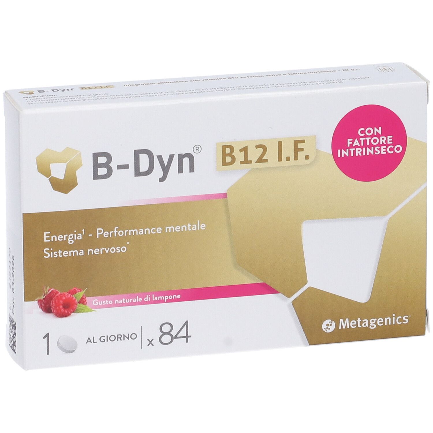 Confezione di B-Dyn B12 I.F. Compresse masticabili. Contiene 84 compresse. Logo Metagenics.