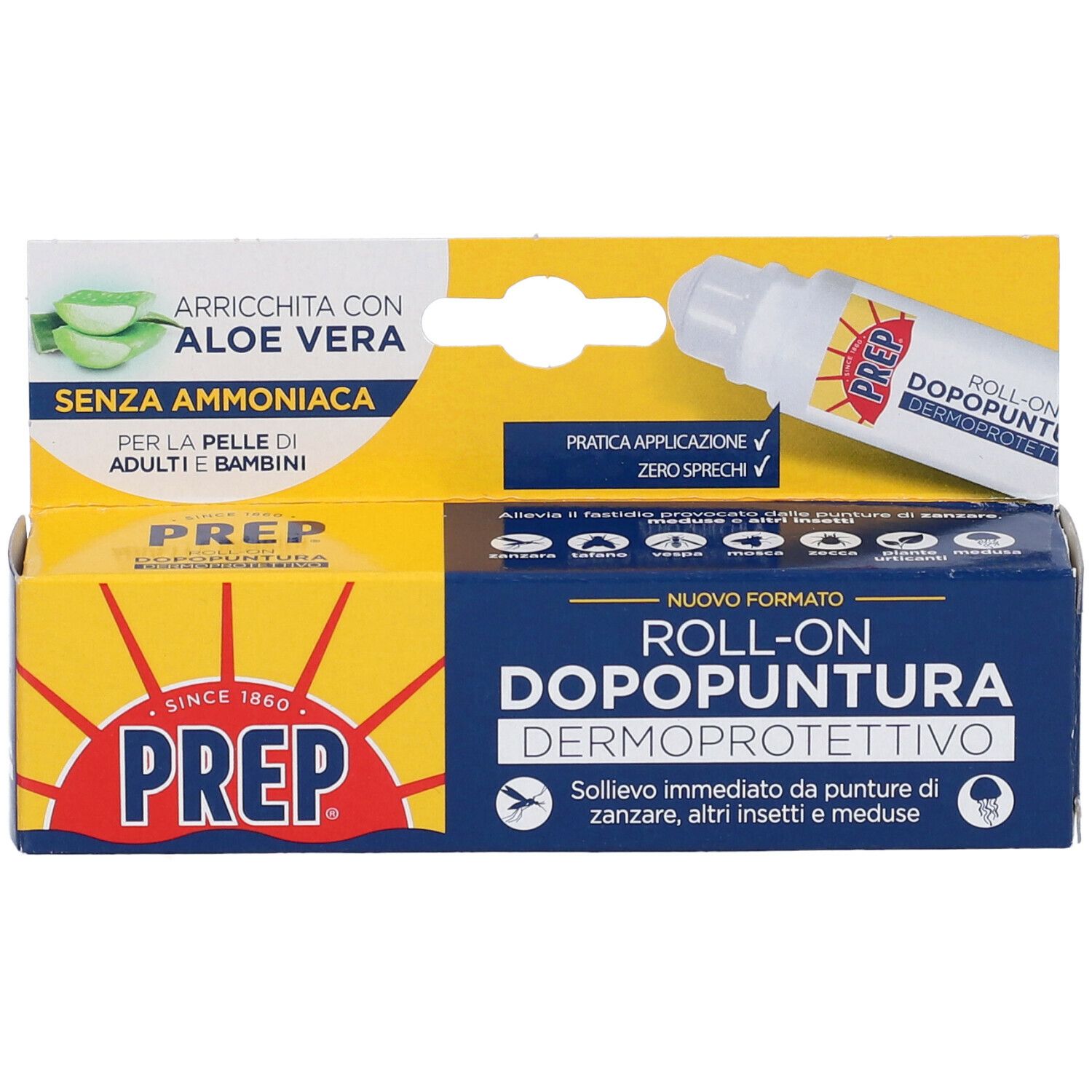 Confezione di Roll-on Dermoprotettivo. Scatola giallo-blu con nome e logo del prodotto. Flacone roll-on visibile.