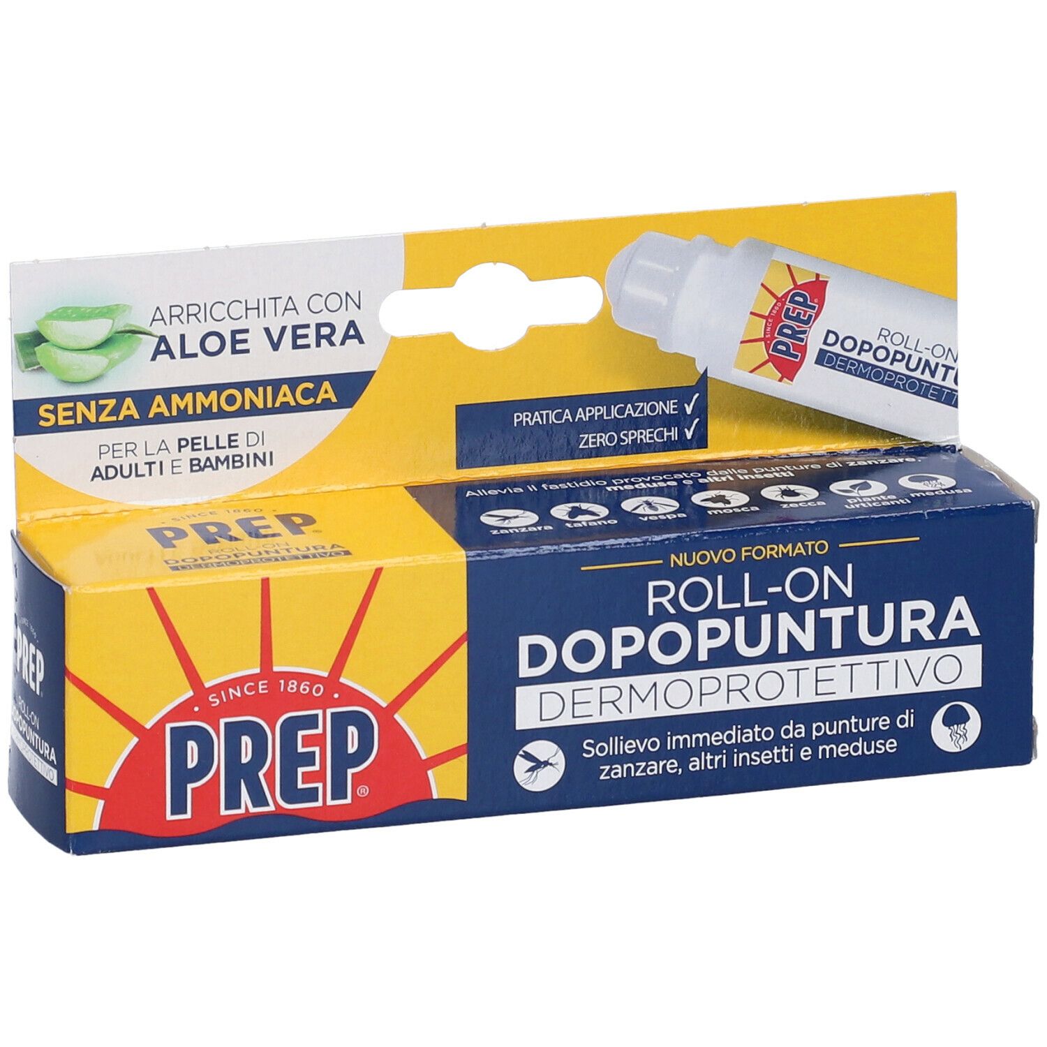 Confezione di Roll-on Dermoprotettivo. Scatola giallo-blu con nome e logo del prodotto. Flacone roll-on visibile.