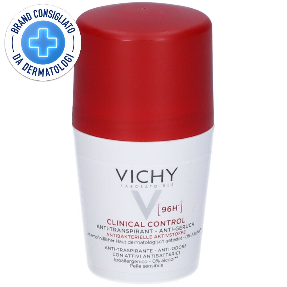 Roll-on bianco con tappo rosso. Scritta: Vichy, Clinical Control, 96H. Logo: Brand Consigliato da Dermatologi.