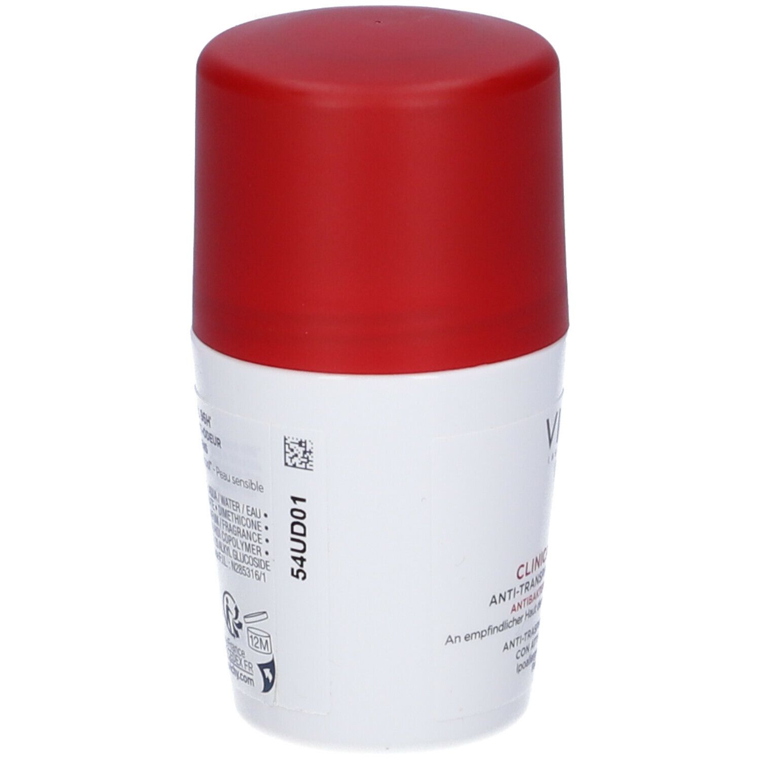 Flacone roll-on bianco con tappo rosso. Scritta: Vichy, Clinical Control, 96H. Retro con testo e codice a barre.