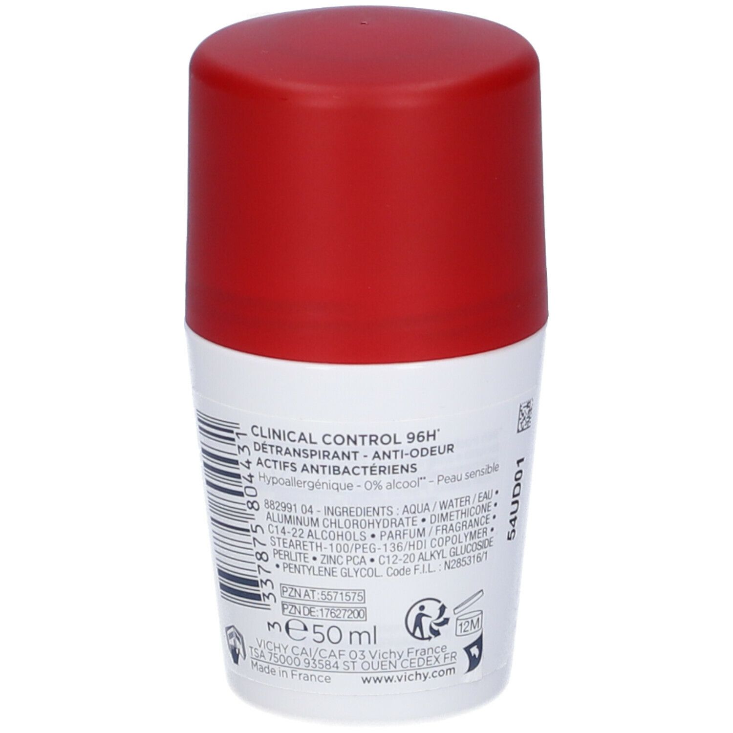 Flacone roll-on bianco con tappo rosso. Retro con ingredienti, testo e codice a barre. Volume: 50 ml.