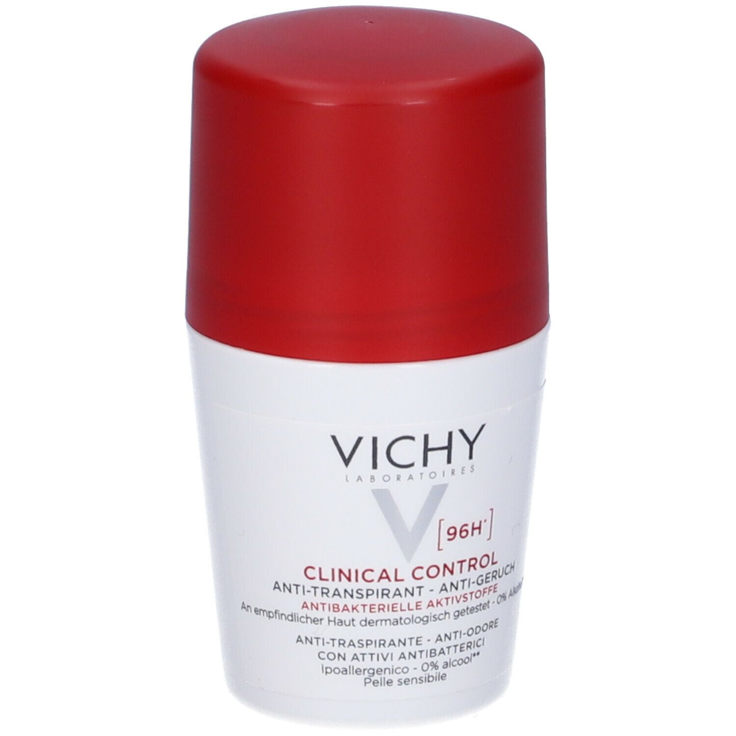 Roll-on bianco con tappo rosso. Scritta: Vichy, Clinical Control, 96H. Anti-traspirante, Anti-odore.