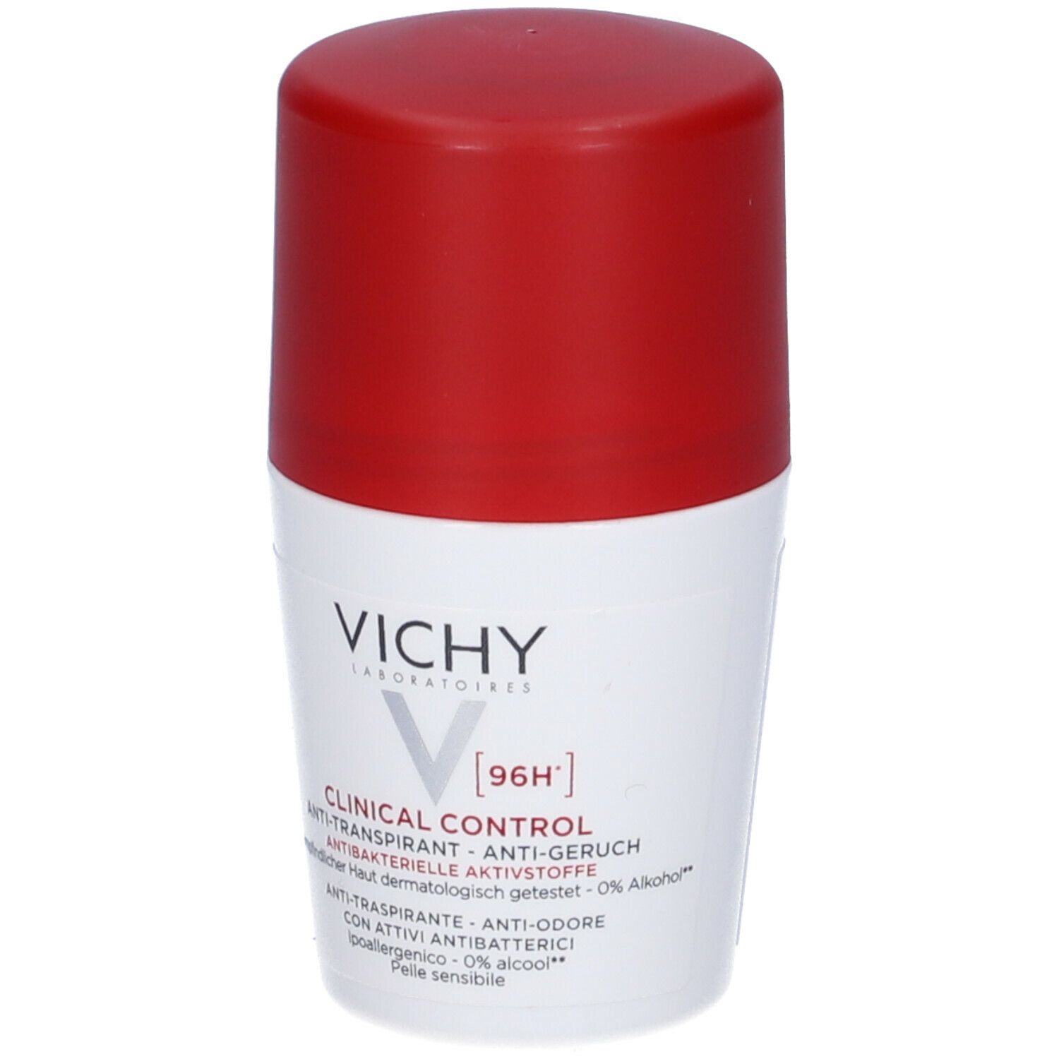 Roll-on bianco con tappo rosso. Scritta: Vichy, Clinical Control, 96H. Anti-traspirante, Anti-odore.