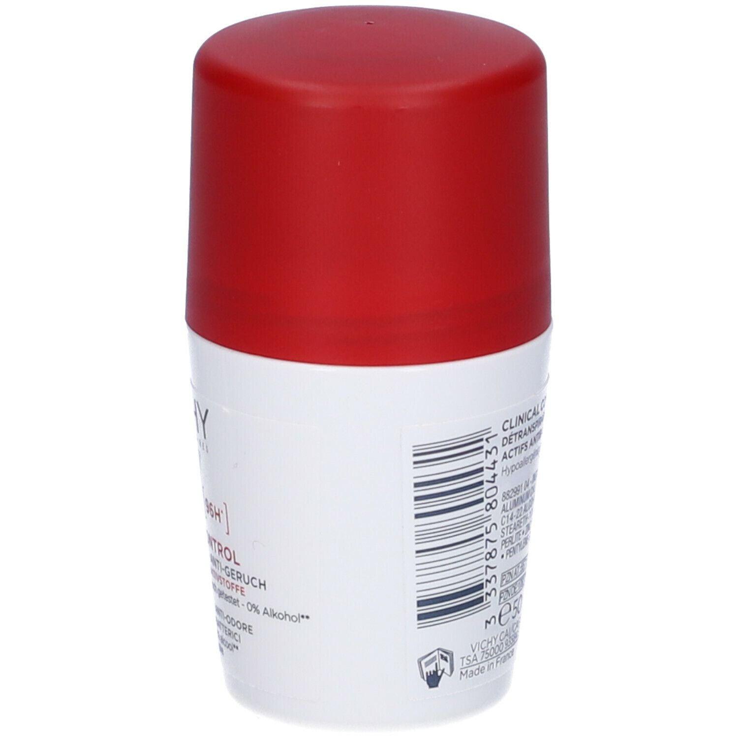 Flacone roll-on bianco con tappo rosso. Retro con testo e codice a barre. Volume: 50 ml.