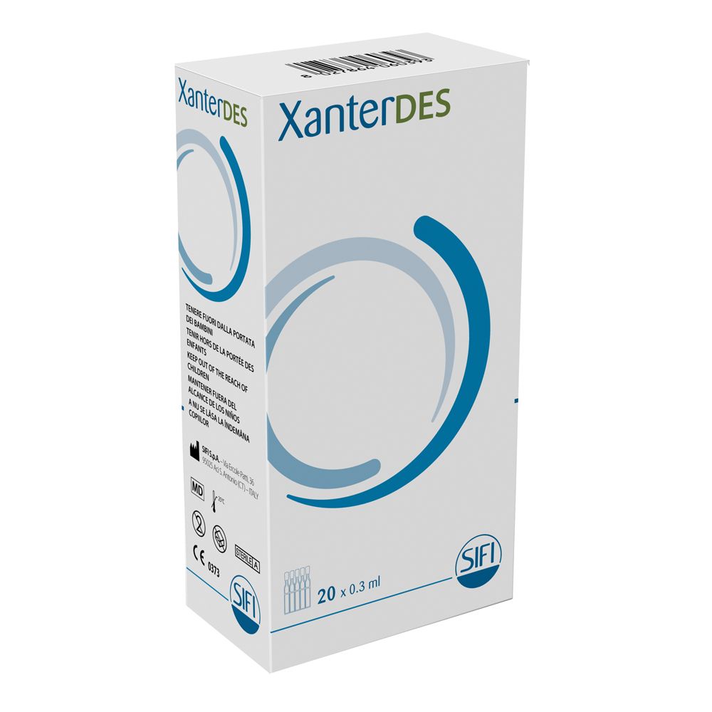 Scatola bianca con design a cerchi blu. Scritto: XanterDES, 20 x 0,3 ml. Logo: SIFI. Testo in italiano.
