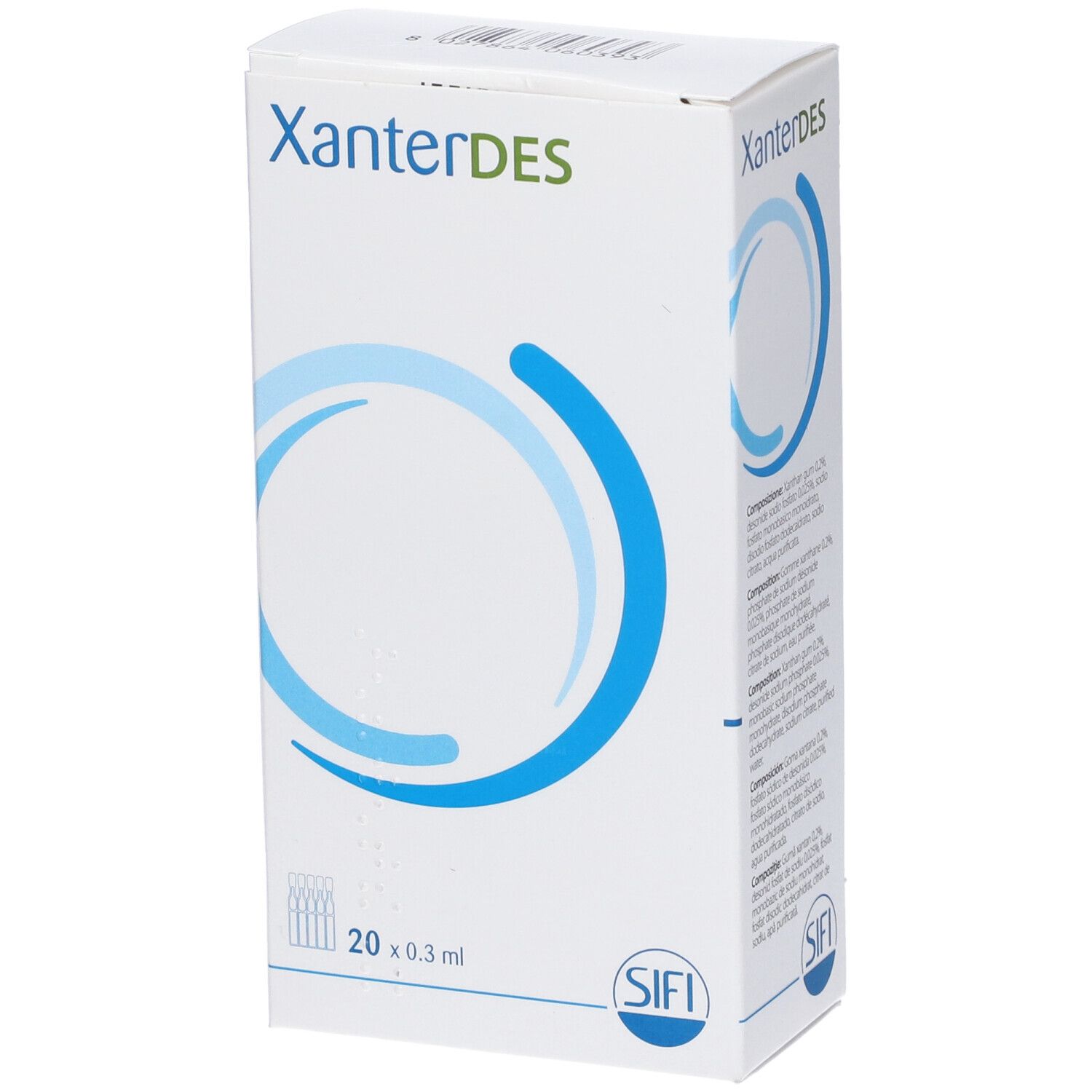 Scatola bianca con design a cerchi blu. Scritto: XanterDES, 20 x 0,3 ml. Logo: SIFI. Testo in italiano.
