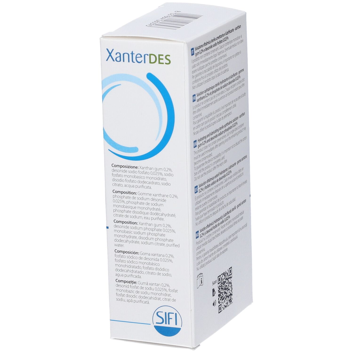 Scatola bianca con testo multilingue. Scritto: XanterDES. Logo: SIFI. Codice QR. Retro con testo.