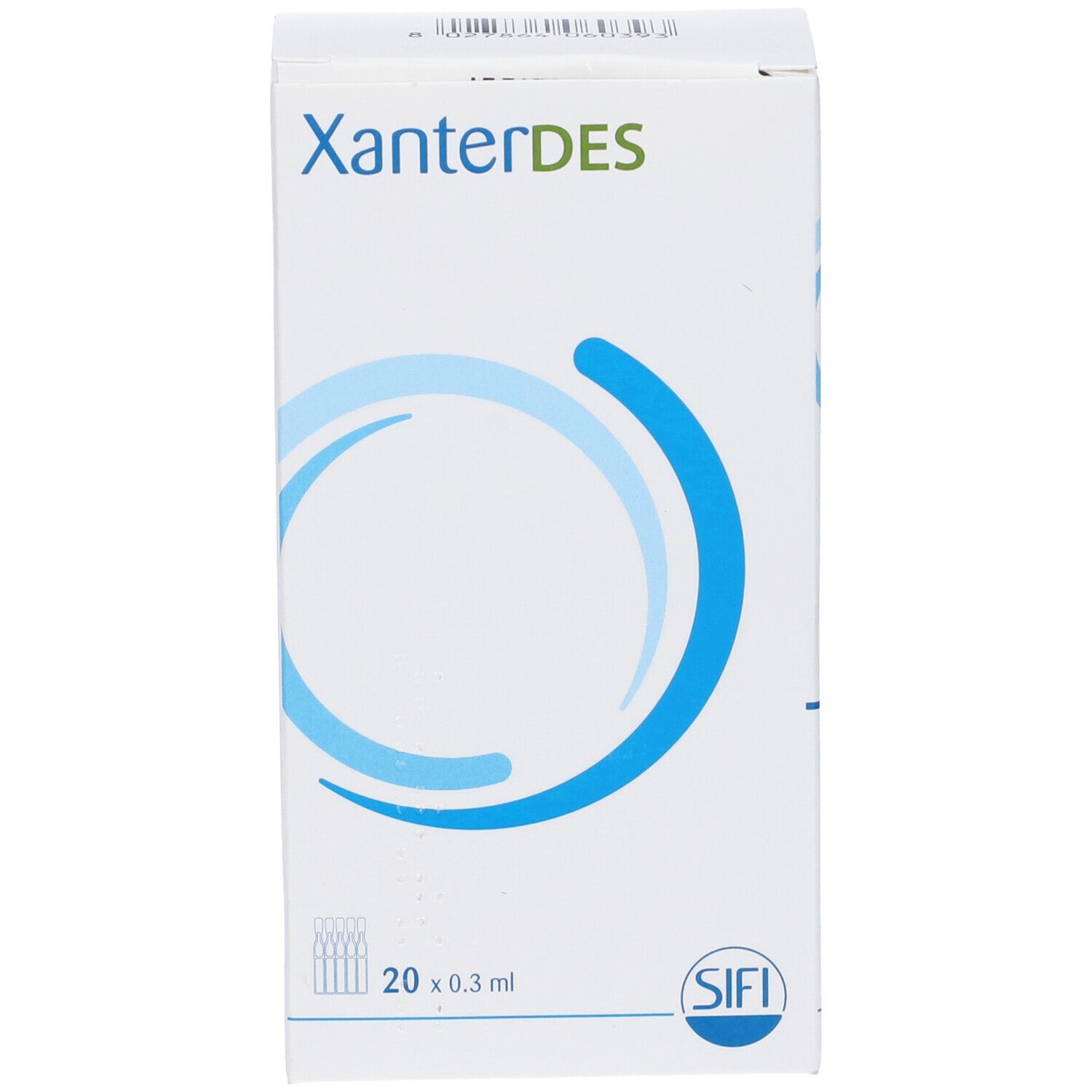 Scatola bianca con design a cerchi blu. Scritto: XanterDES, 20 x 0,3 ml. Logo: SIFI. Testo in italiano.