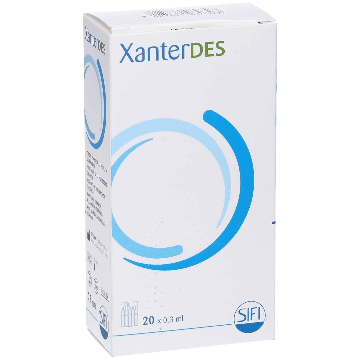 Scatola bianca con design a cerchi blu. Scritto: XanterDES, 20 x 0,3 ml. Logo: SIFI. Testo in italiano.