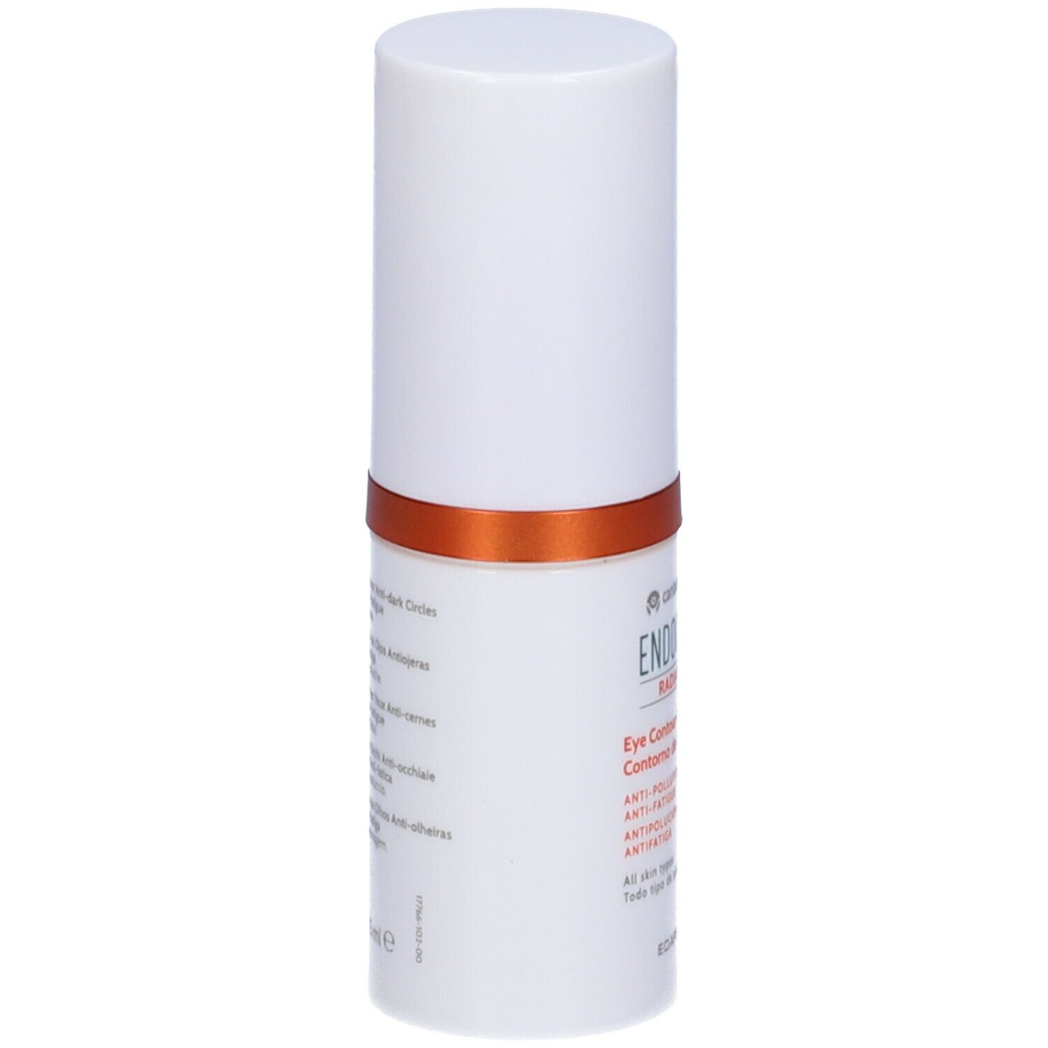 Contenitore cilindrico bianco con anello arancione. Nome del prodotto e testo multilingue.