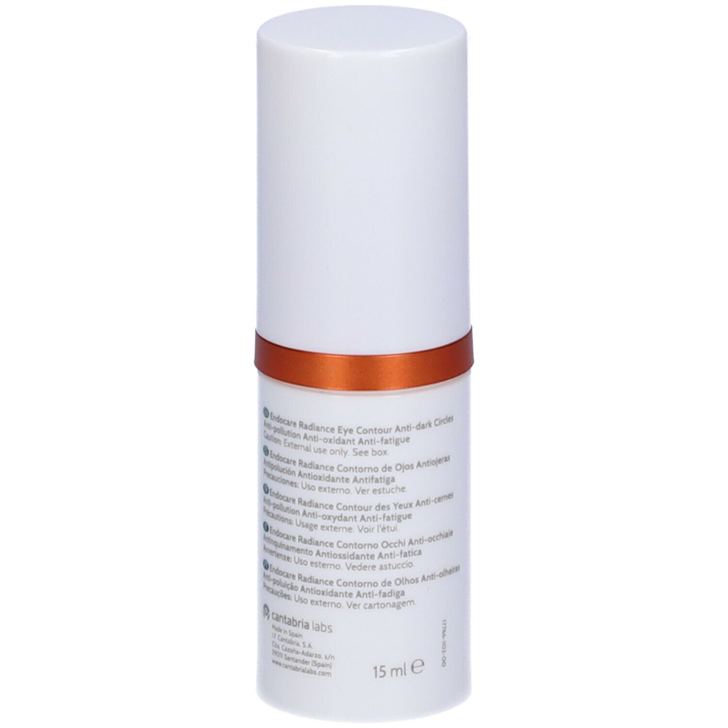 Contenitore cilindrico bianco con anello arancione. Testo multilingue.
