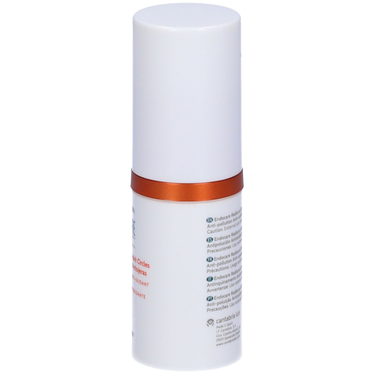 Contenitore cilindrico bianco con anello arancione. Testo multilingue.