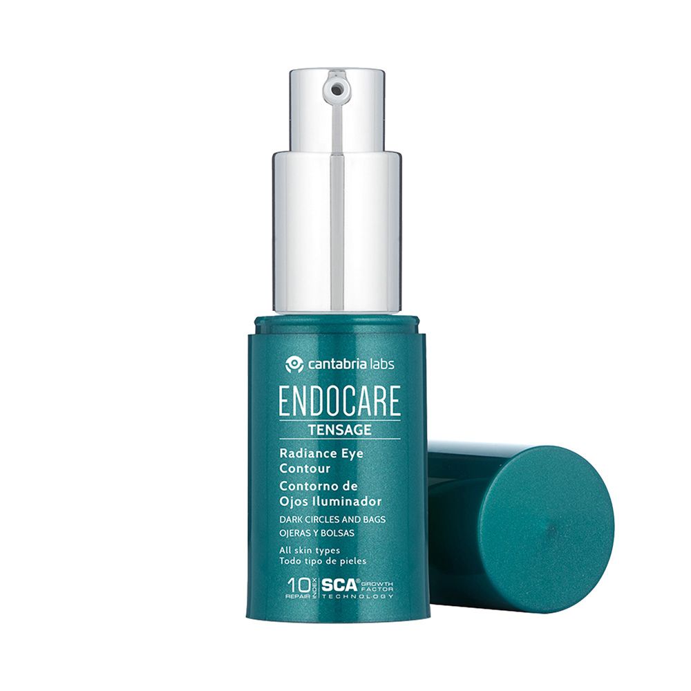 Flacone verde con erogatore argentato. Scritta: Endocare Tensage Radiance Eye Contour. Con tappo.